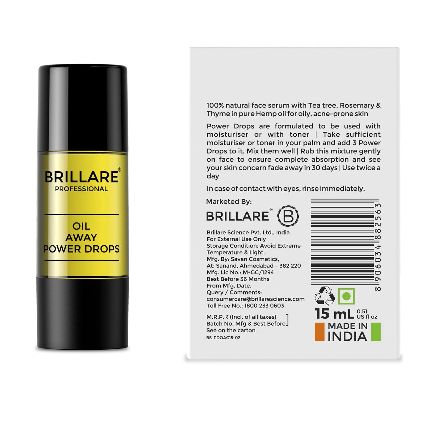 Brillare Professional Oil Away Power Drops, 100% Natural Face Serum With Tea Tree and Rosemary (15 ML), Zero Chemicals