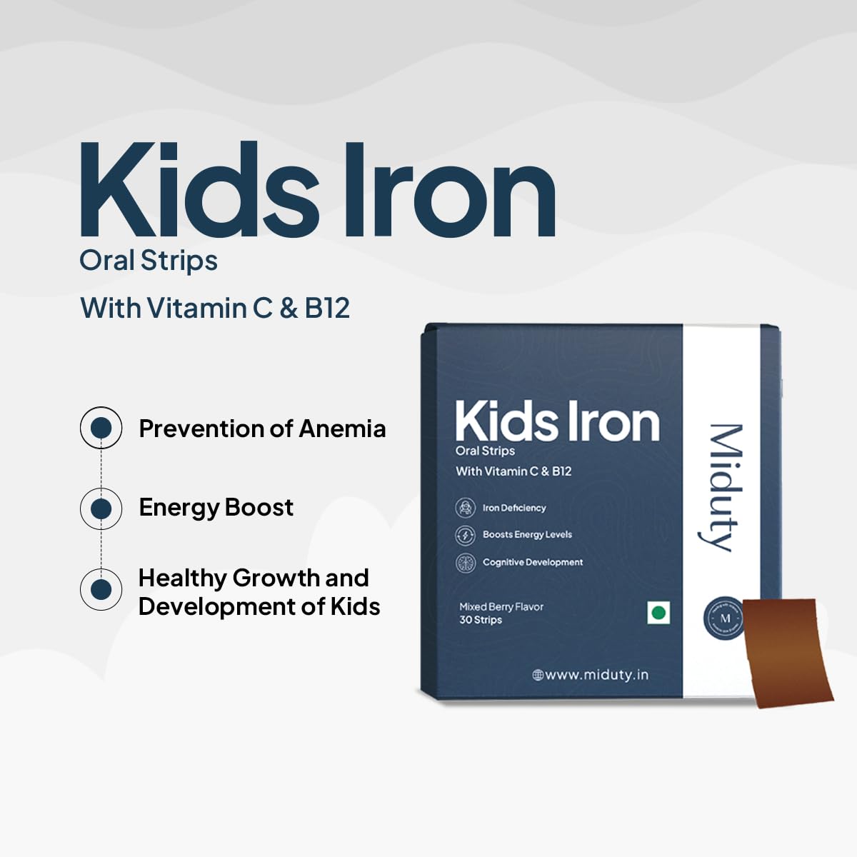 Zephivo Miduty by Palak Notes Kids Iron Strips for Kids - Dissolvable Strips for better Iron absorption - Energy Boost - Iron Supplement with Vitamin C & Vitamin B12 - Mixed Berry Flavour - 30 Oral Strips