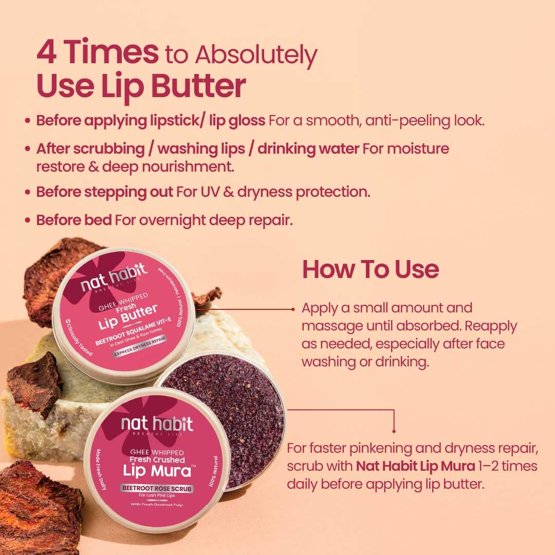 Nat Habit Lip Butter with Fresh Beetroot, Squalane, Desi Ghee & Raw Honey | Natural Lip Balm for Pink Lips, Intense Nourishment & Chapped Lips | 10g