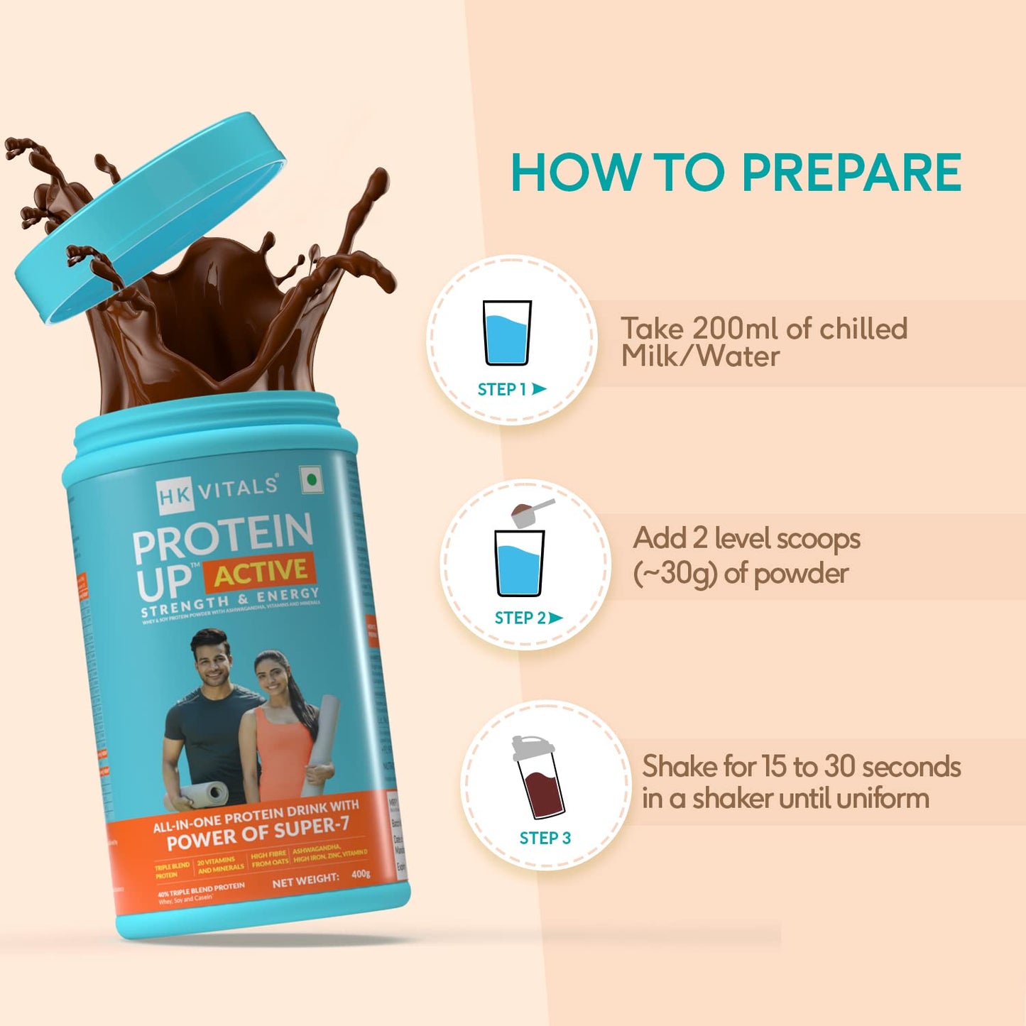 HealthKart HK Vitals ProteinUp Active (Chocolate, 400g / 0.88lbs) | All in One Triple Blend Protein | For Strength, Immunity, and Stress-Relief