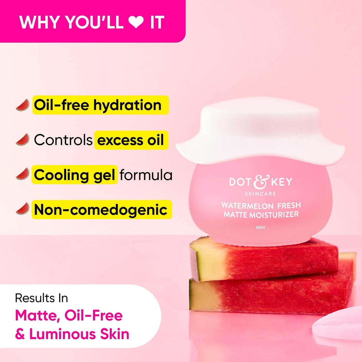zephivo DOT & KEY Watermelon Superglow Matte Oil Free Moisturizer For Face With Watermelon Extracts | Lightweight Gel, Controls Excess Oil, Hydrates & Plumps Skin, With Glycolic Acid For Oily Skin | 60Ml