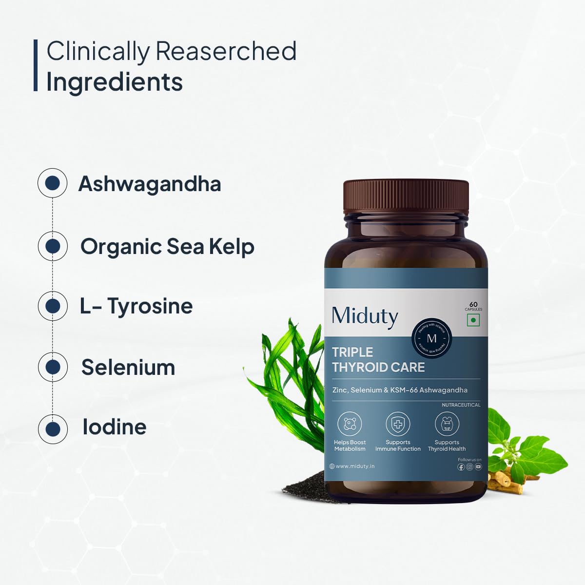 Zephivo Miduty Palak Notes Triple Thyroid Care Supplement - Rapid Action Formula - KSM-66 Ashwagandha - Sea Kelp - Zinc - Vitamin B1-Selenium-L-Tyrosine - Supports Thyroid Health - Good mood - 60 Capsules