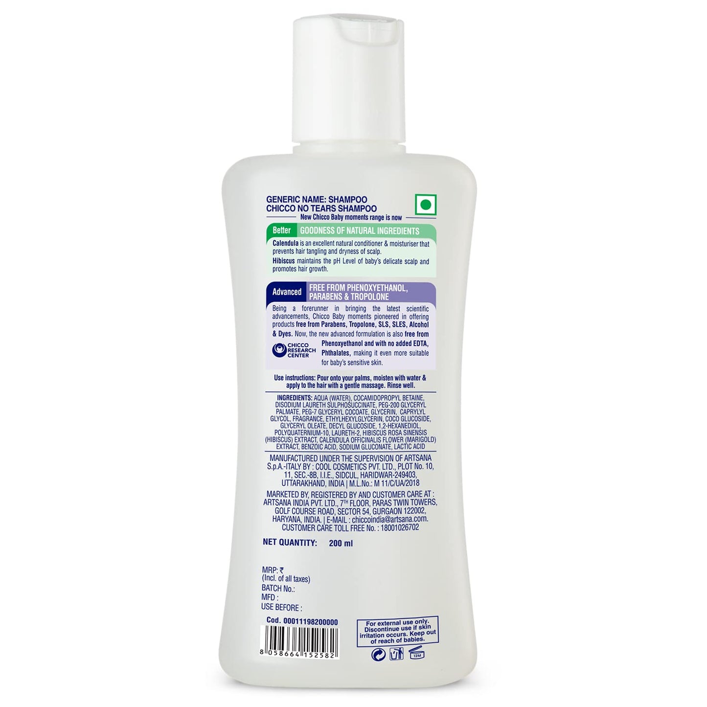 Chicco Baby Moments Shampoo for Tear-Free Bath Times, New Advanced Formula with Natural Ingredients, Suitable for Baby’s Tangle Free, Smooth Hair, No Phenoxyethanol and Parabens (200ml)