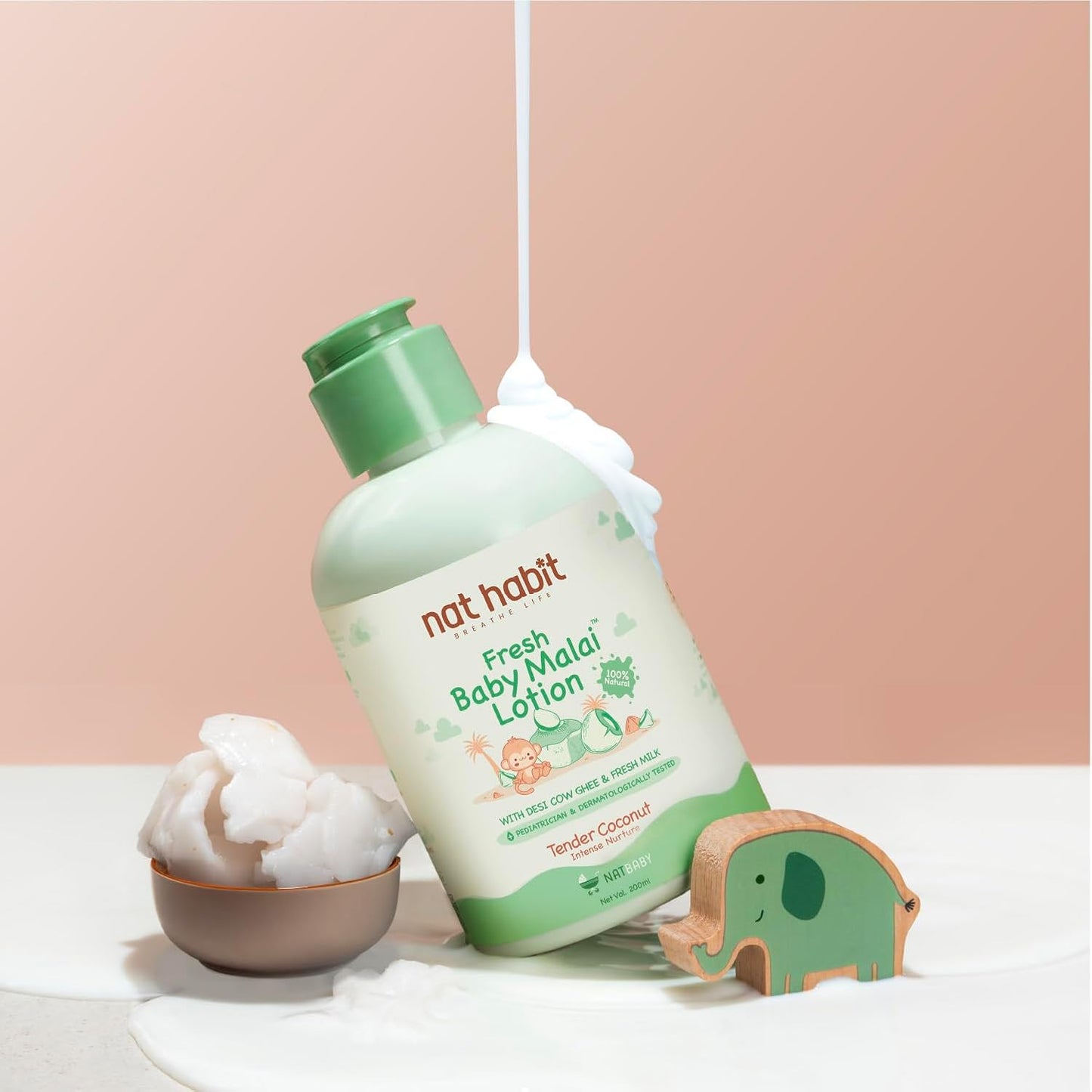 Nat Habit Baby Malai Lotion |Tender Coconut| Baby Body Lotion for Intense Nurture, Moisturizer for Deep Nourishment & Skin Barrier Protection | 100% Natural, Chemical-Free Baby Cream | 200ml