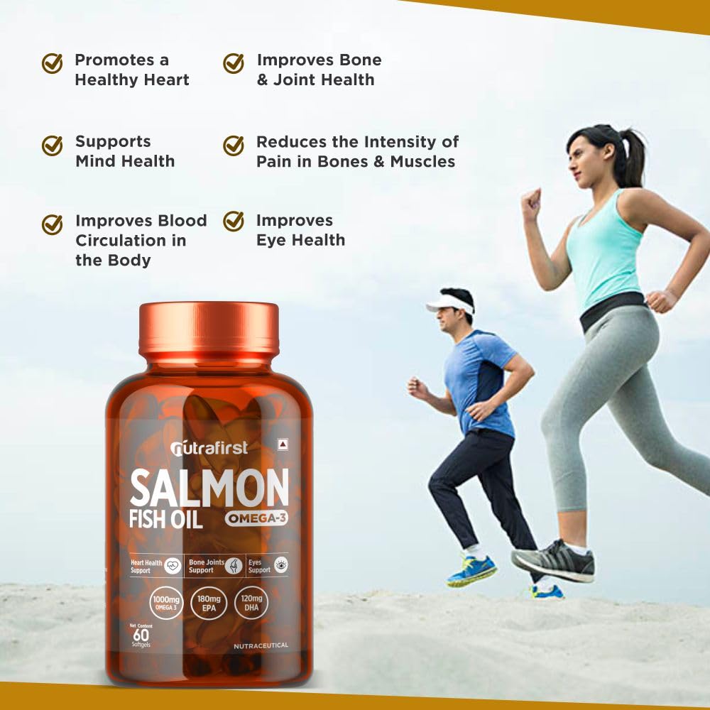 Nutrafirst Salmon Fish Oil Omega-3 Capsules (60 Softgels) (1000mg) | EPA 180mg & DHA 120mg | Supports Heart, Brain, Eye & Joint Health | No Fishy Burps | For Men & Women