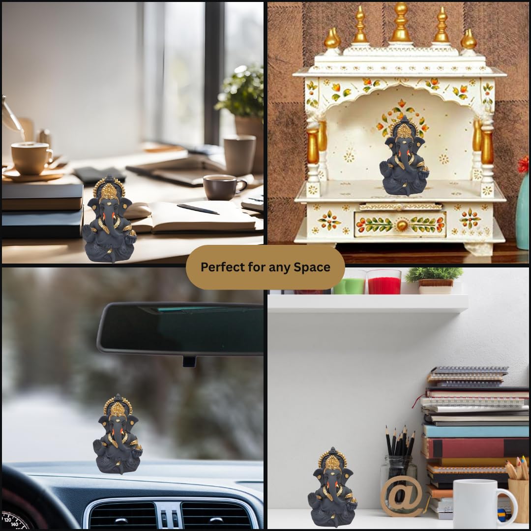 Gold Art India Dark Grey Ganesha Idol Ganesh for Car Dashboard Statue Ganpati Vinayaka Vinayagar Figurine Diwali Gifts Home Decor Luck, Success