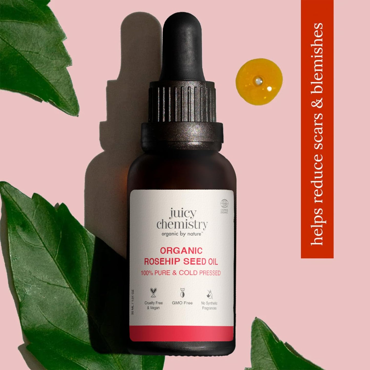 Juicy Chemistry 100% Pure & Certified Organic Rosehip Seed Oil, 30ml | Cold-Pressed & Therapeutic Grade | Fades Scars & Pigmentation | Brightens Skin Tone | Hydrating | Boosts Collagen | Anti Ageing | Dermatologically Tested