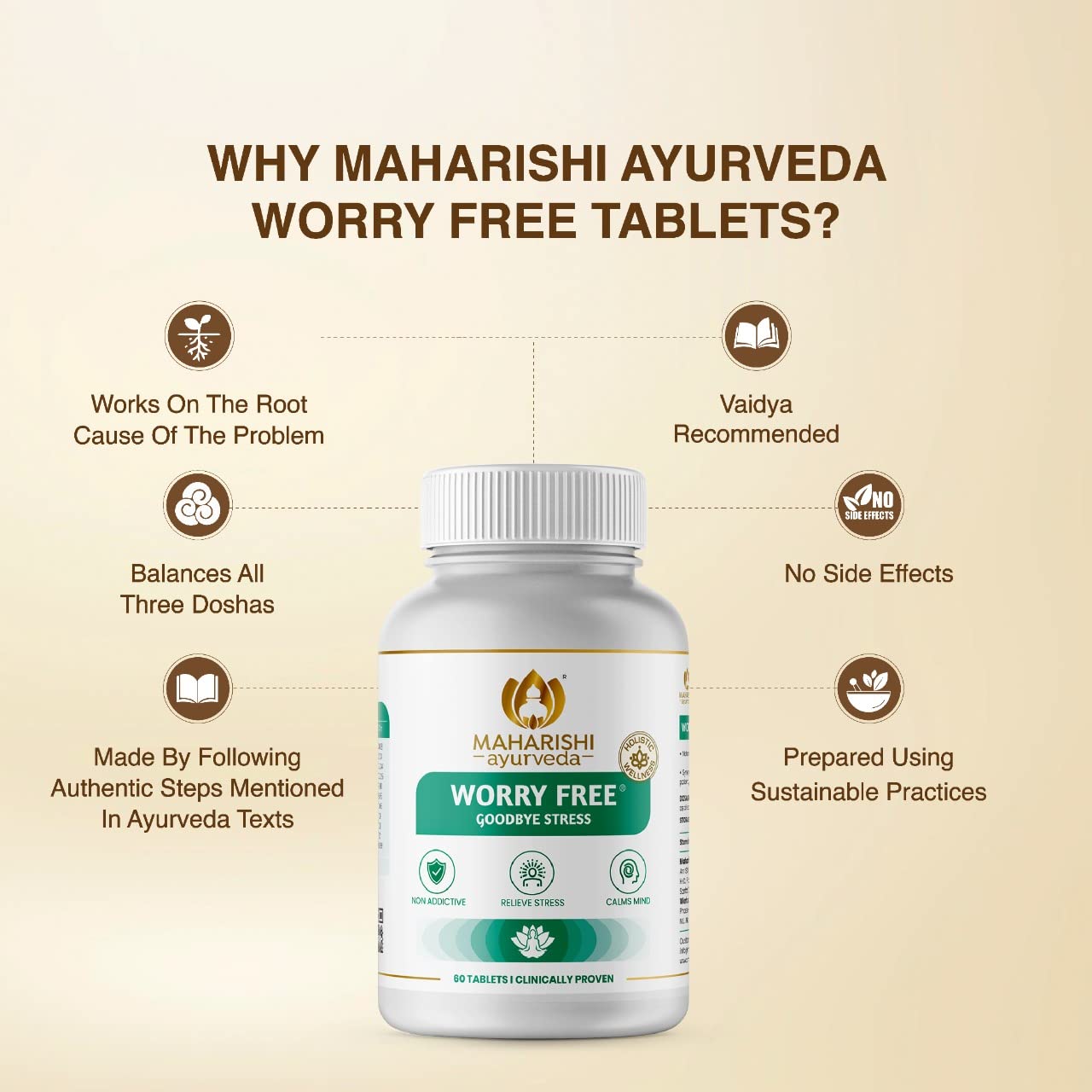 Zephivo Maharishi Ayurveda Ashwagandha Worry Free Ayurvedic Tablets, Help Keeps The Mind And Body Calm And Relaxed Non Addictive 60 Tablets