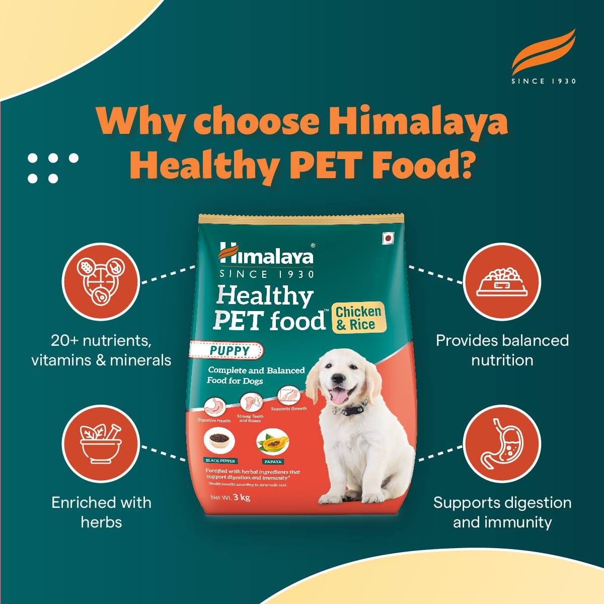 Himalaya Healthy PET Food for Puppies | Chicken & Rice | 1.2kg | Complete & Balanced Nutrition with Black Pepper, Oats & Papaya