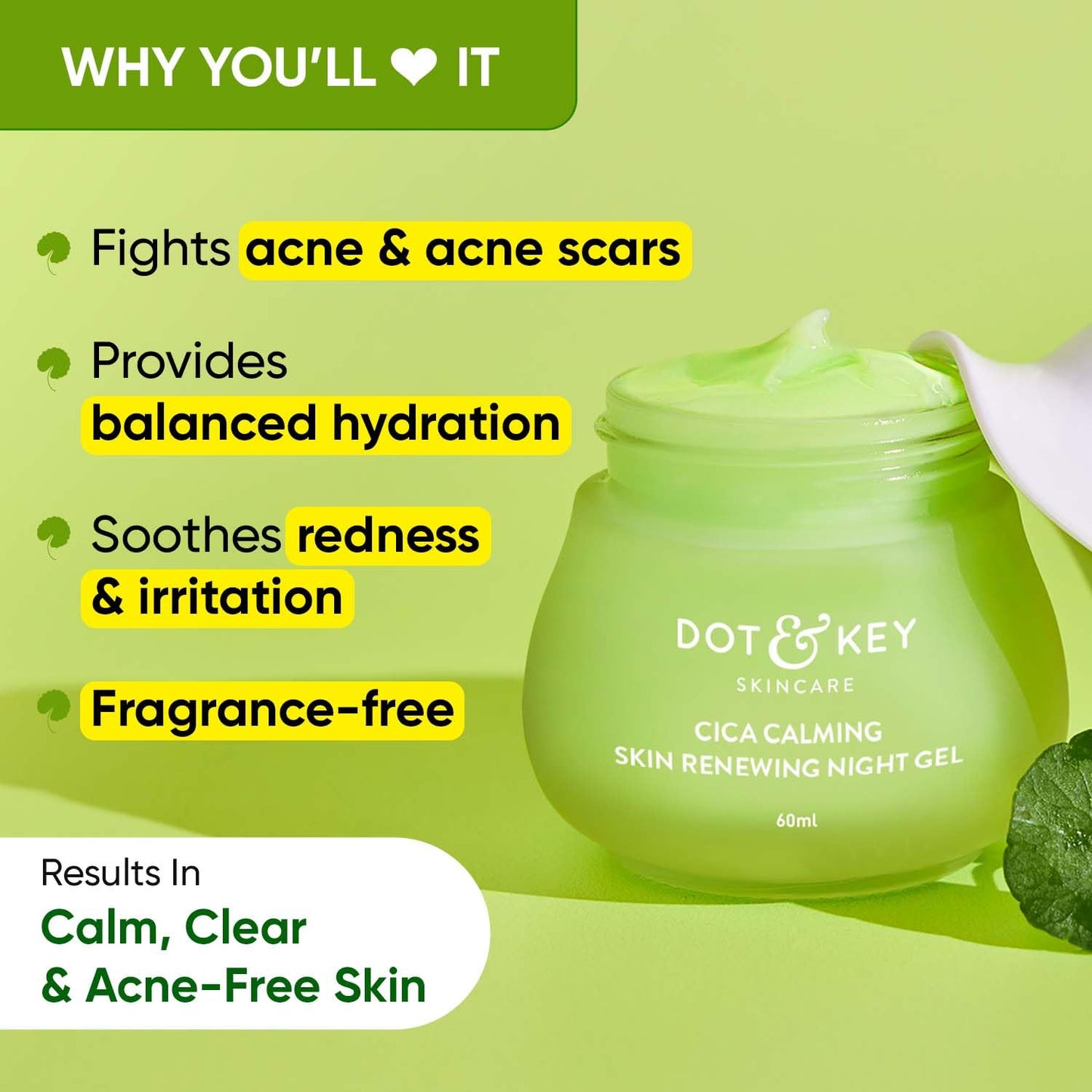 Zephivo Dot & Key CICA Calming Skin Renewing Night Gel | For Oily, Acne Prone And Sensitive Skin | Night Cream with Niacinamide, Green Tea & Hyaluronic | Fades Blemishes & Dark Spots | 60ml