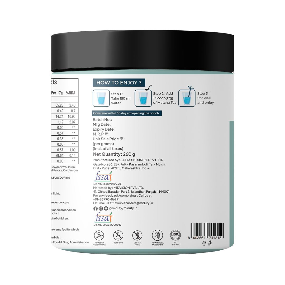 Zephivo Miduty by Palak Notes Matcha Tea - Detoxifying Drink, Fat Burner - Energy Booster, Weight Management - Promote Anti Aging & Gut Health, MCT Fat - L-Theanine With Coconut Milk - Vanilla flavour - 260g
