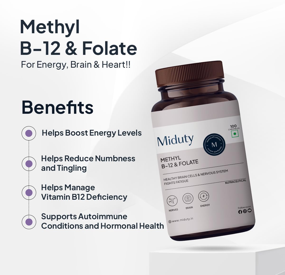 Zephivo Miduty Palak Notes Vitamin B12 Supplement with Methylcobalamin - Folate - Vitamins B6 - Chewable Tablets - 60 Chewables - Vitamin B 12 - Vitamin Tablets for Optimal Health Men & Women