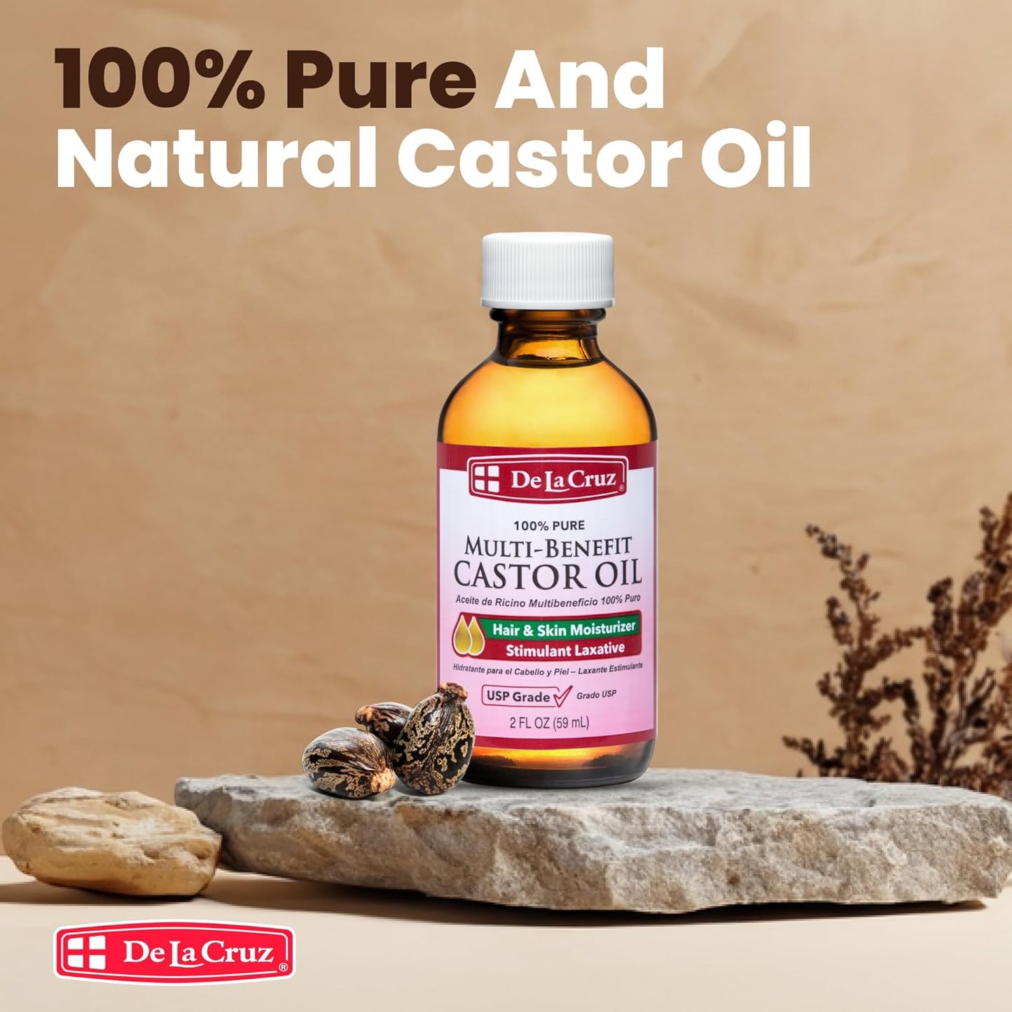 De La Cruz Castor Oil - 100% Pure Castor Oil for Hair, Skin, Eyelashes, and Eyebrows - USP Grade, 2 FL Oz