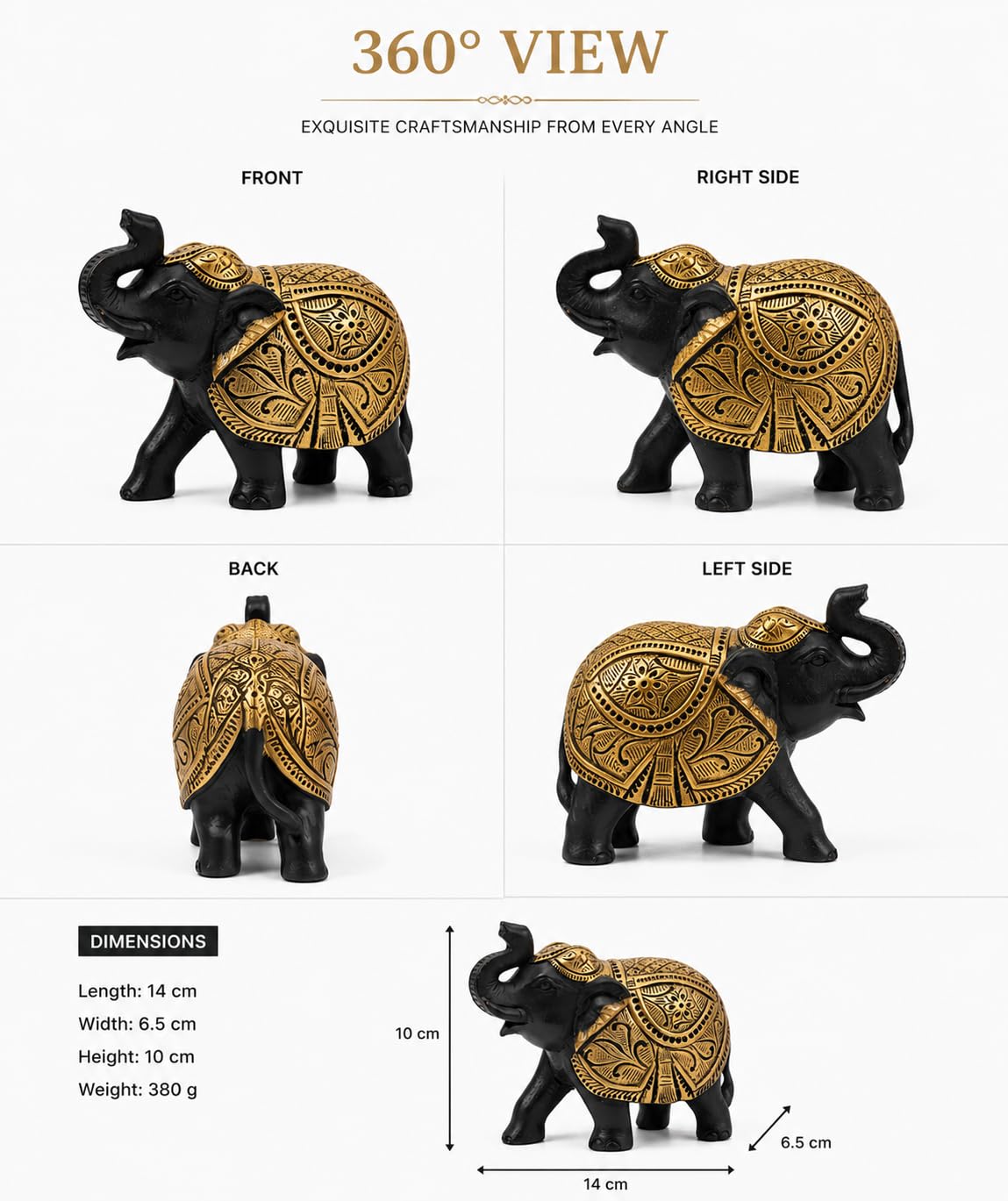 Premium Elephant Statue for Good Luck, Vastu & Home Decor Gift Items for Decoration (Black & Golden) & Animal Decorative Showpiece Figurines | Lucky Elephant Statue