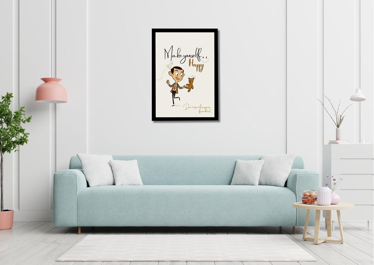 Make Yourself Happy Wall Art Frame | Positive Quote Artwork with Cartoon Man & Teddy | Self Happiness Motivational Poster | Ready to Hang Frame for Bedroom Living Room & Office Decor