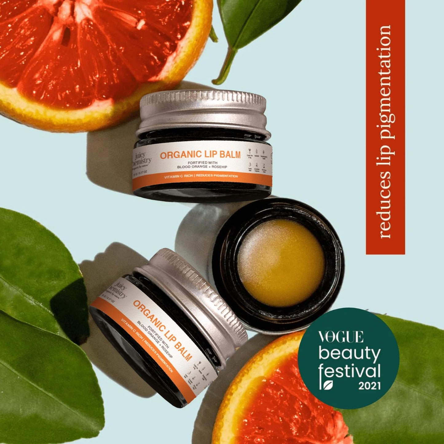 Juicy Chemistry Organic Lip Balm with Blood Orange & Rosehip, 5g | Deeply Moisturising & Brightening Lip Care | Reduces Lip Pigmentation | Dermatologically Tested | 100% Natural | Certified Organic & Cruelty-Free