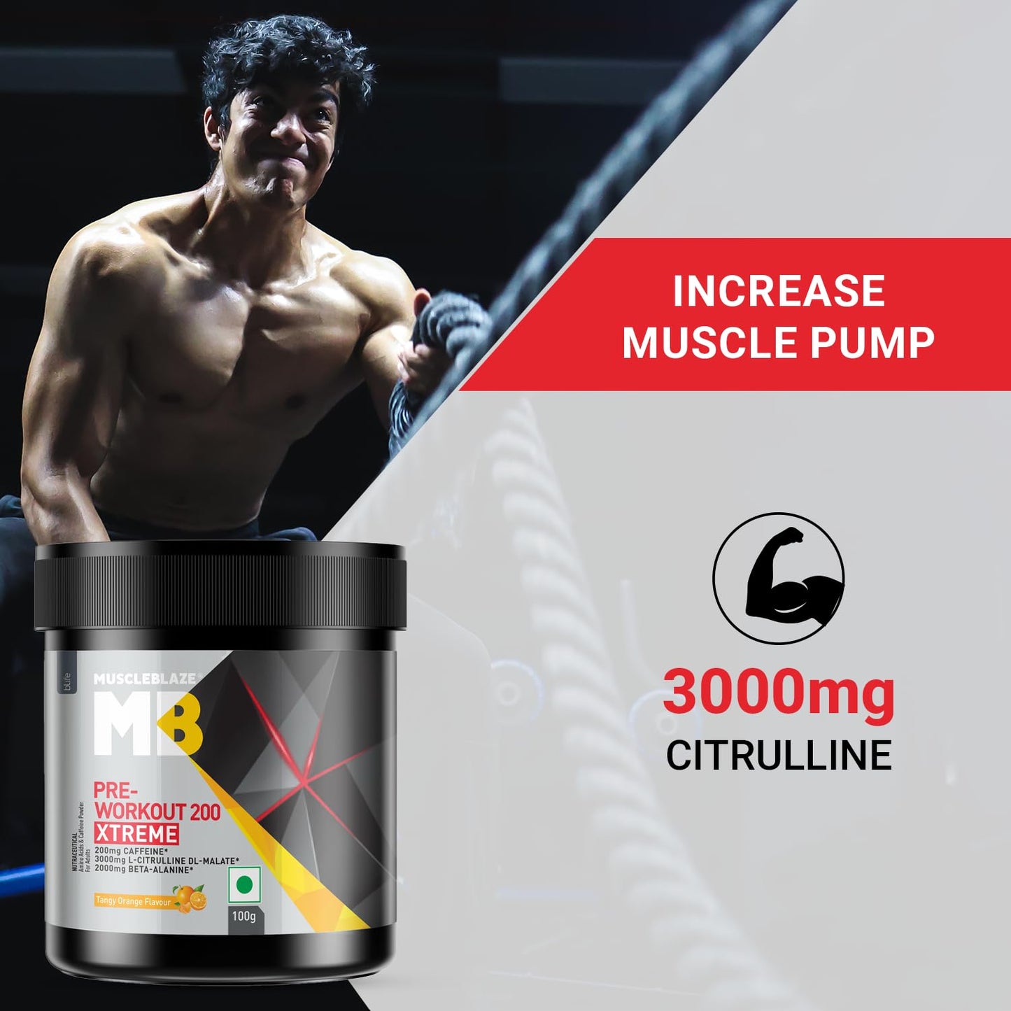 MuscleBlaze Pre Workout 200 Xtreme (Tangy Orange, 15 Servings, 100g) | 200mg Caffeine, 200mg Theanine, 2000mg Beta Alanine, 3000mg Citrulline