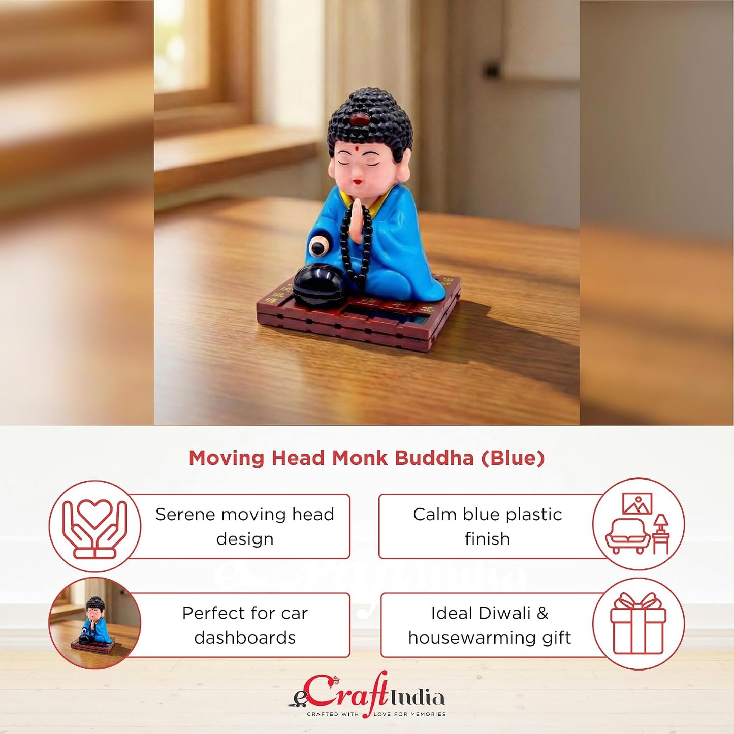 eCraftIndia Moving Head Monk Buddha Idol Showpiece for Home Decor Car Dashboard Office | Feng Shui Spiritual Meditation Buddha Statue Figurine for Good Luck Gift for Housewarming (Plastic, Blue)