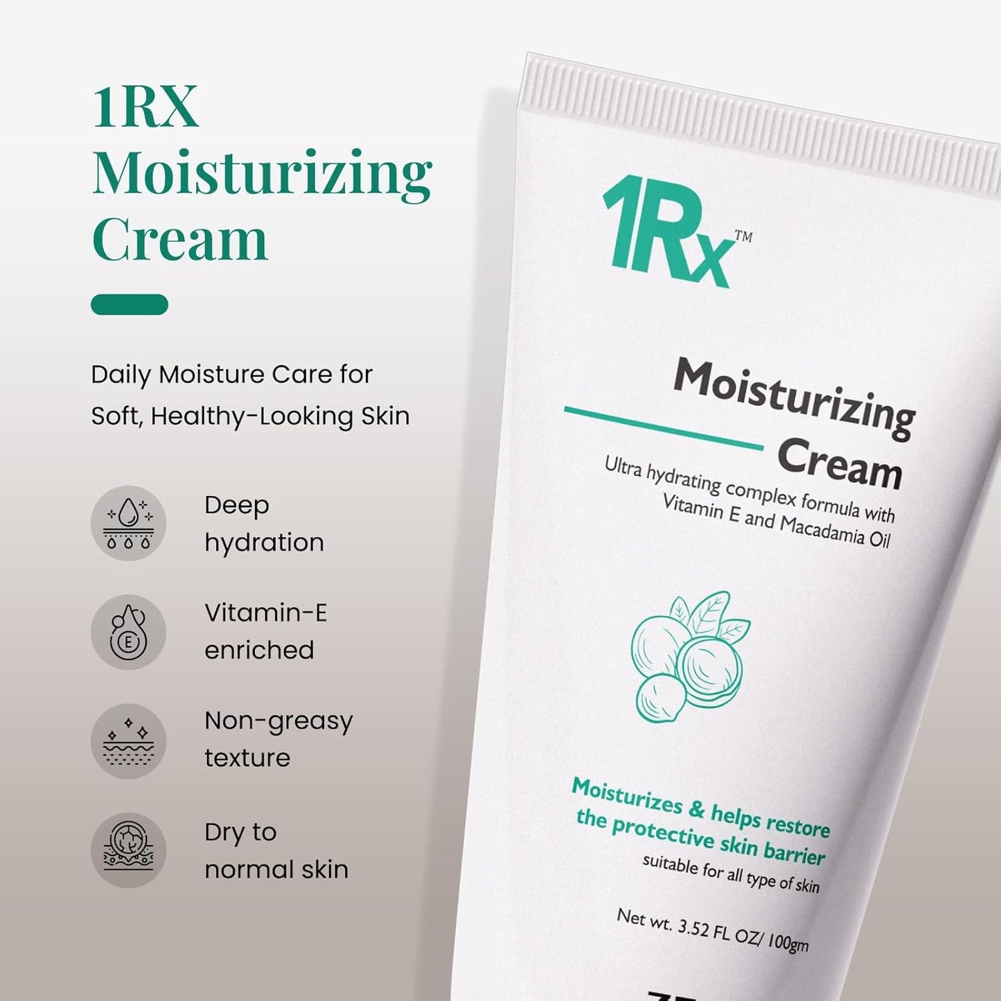 1RX Moisturizing Cream packaging with product details on a light background