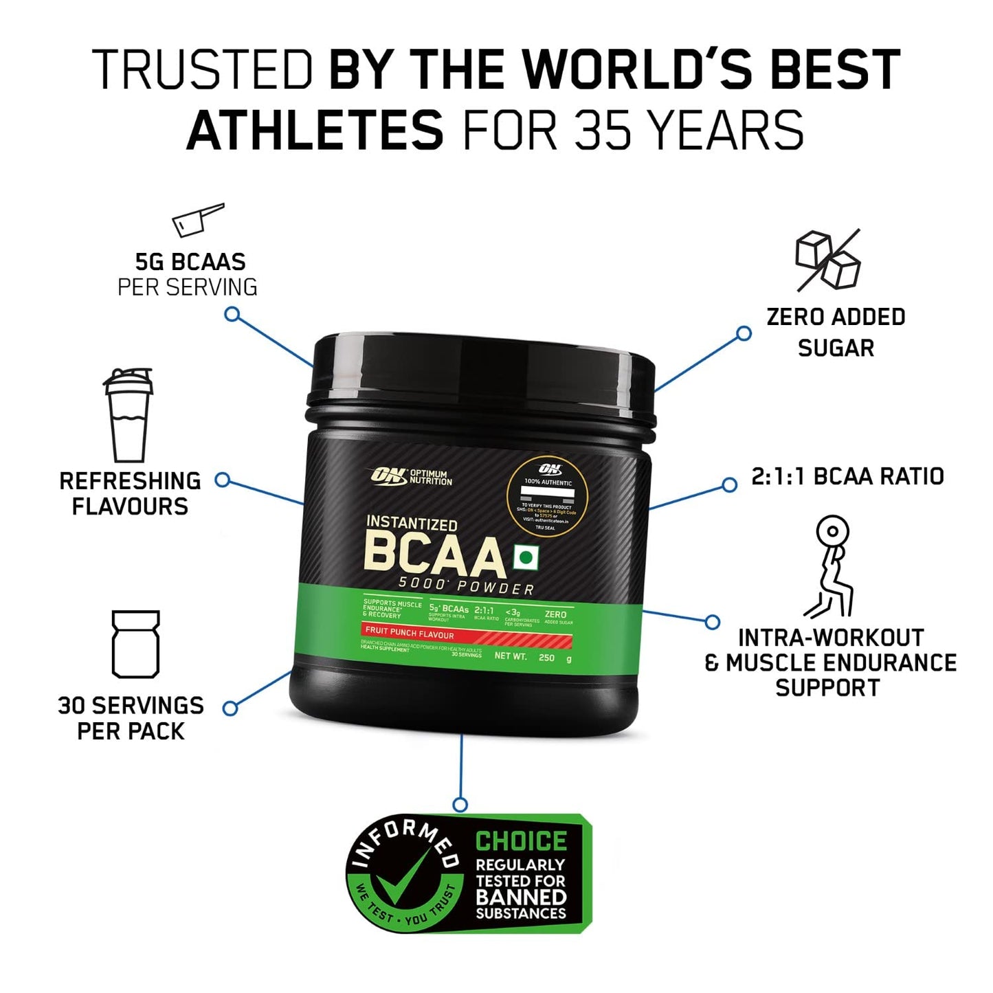 Optimum Nutrition BCAA, 5g BCAAs in 2:1:1 Ratio, 30 servings, For Muscle Recovery & Endurance, Intra workout, Informed Choice certified, 250gm