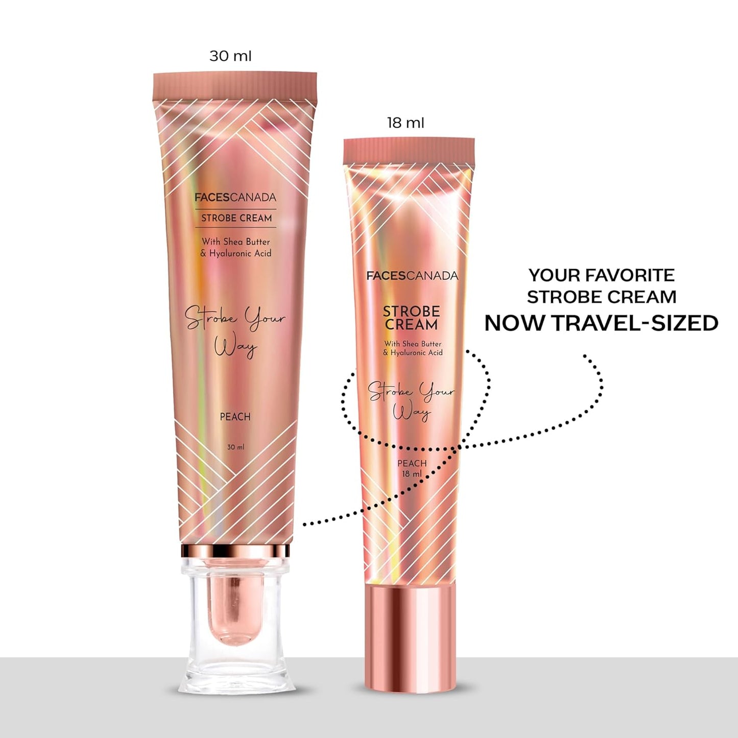 FACES CANADA Strobe Cream Mini- Peach, 18ml | Primer + Highlighter + Moisturizer | Shea Butter & Hyaluronic Acid | Intense Hydration | Flawless Radiant Dewy Skin | Illuminating & Glowing Makeup Base