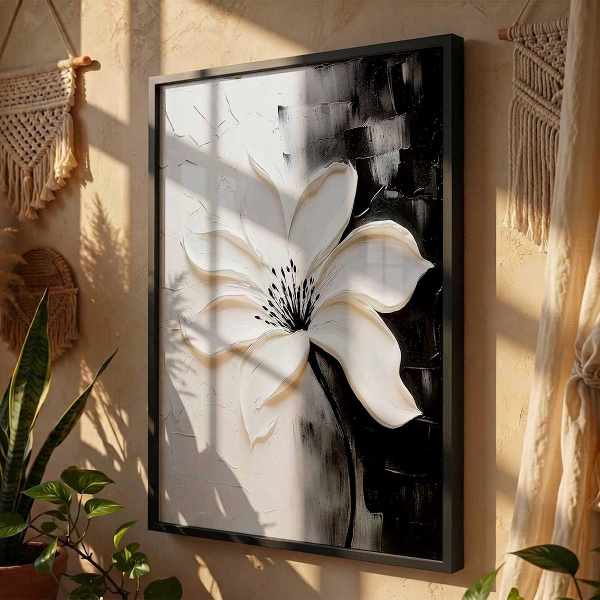 Modern Art Wall Painting Black&White flower Home Decoration With Frame For Living Room Bed Room Hotel Wall Decor Digital Reprint Engineered Wood (13X17 INCH)