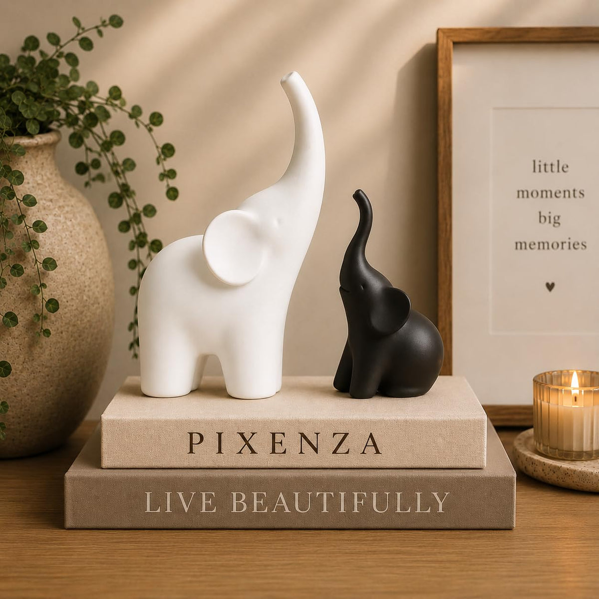 Elephant Showpiece Set for Home Decor, Matte Finish Elephant Decorative Figurines for Living Room, TV Table, Shelf Decor Lucky Elephant Statue for Housewarming Gift (Black & White,PLA Plastic)