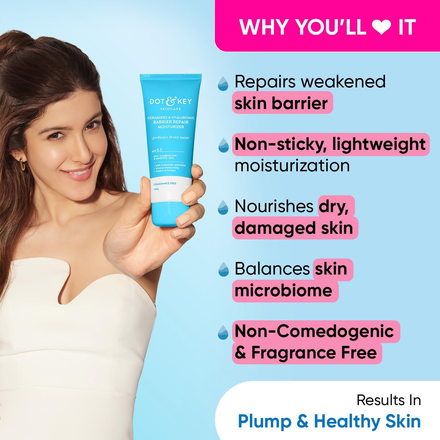 Zephivo Dot & Key Ceramides Moisturizer with Hyaluronic for Intense Moisturizing and Skin Strengthening | With Probiotic & Rice Water I Barrier Repair Cream | For Dry Skin, Normal Skin & Sensitive Skin | 100g