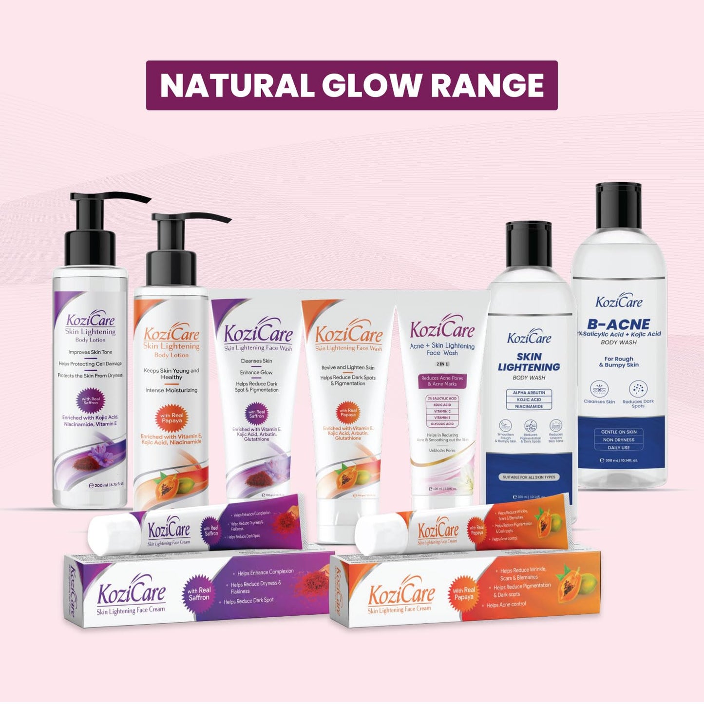 Kozicare products including bottles and boxes on a pink background with 'Natural Glow Range' text.