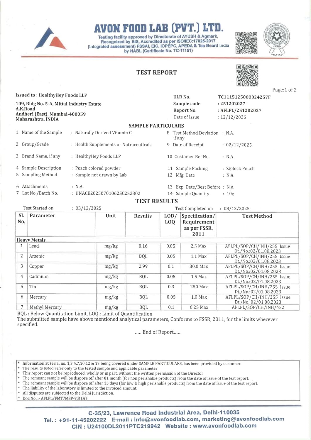 Avon Food Lab test report with various parameters and results.