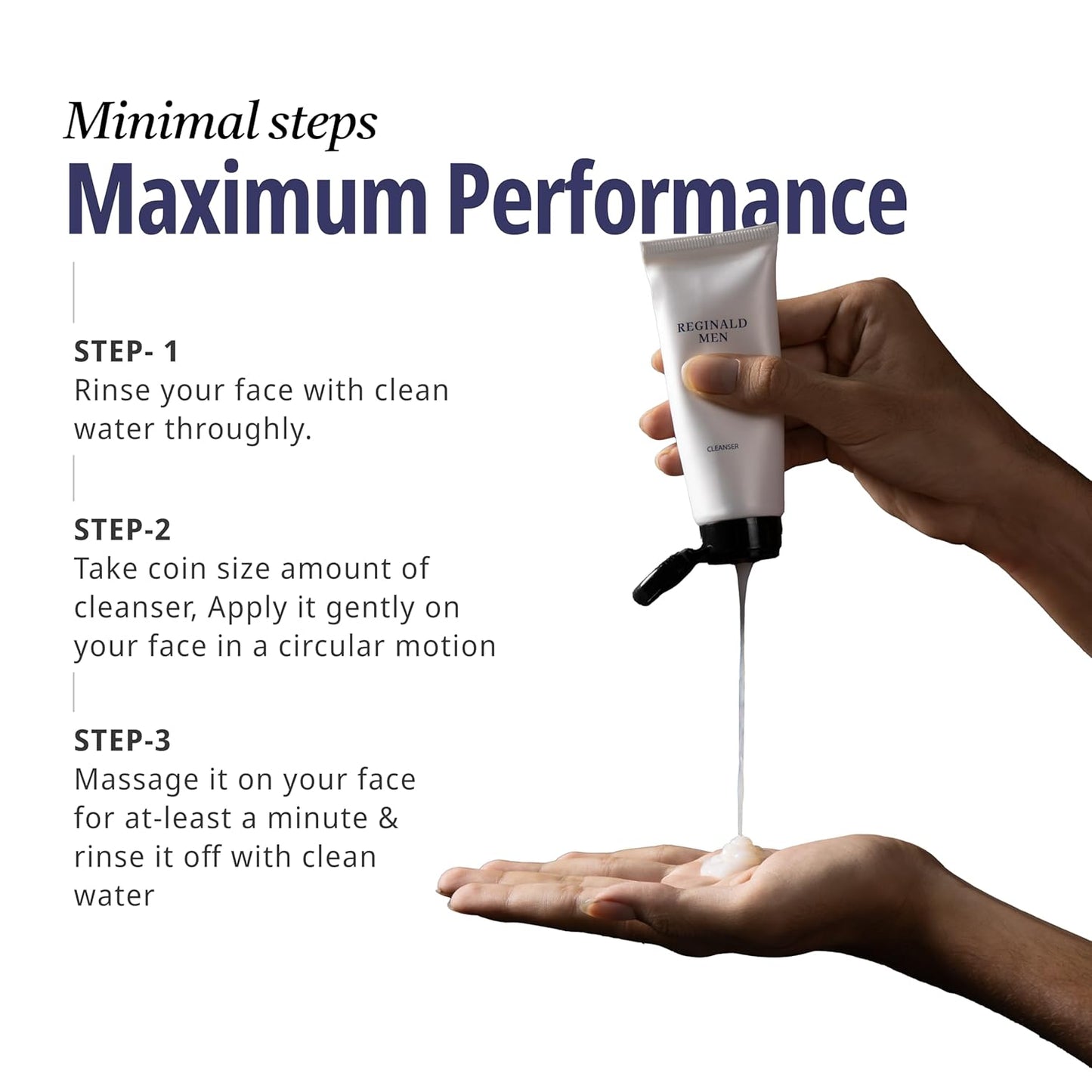 Hand holding a tube of Reginald Men's cleanser with usage instructions on a white background