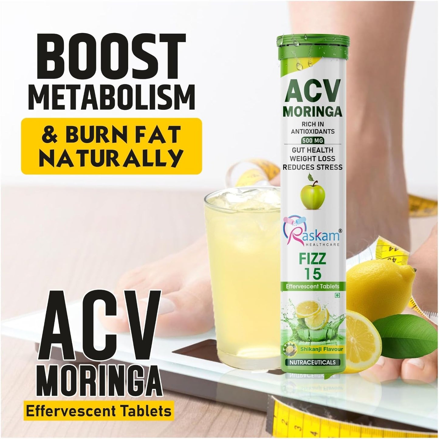 ACV Moringa Effervescent Tablets | 15 Tablets, 500mg Natural Energy & Immunity Booster with Antioxidants (Shikanji)