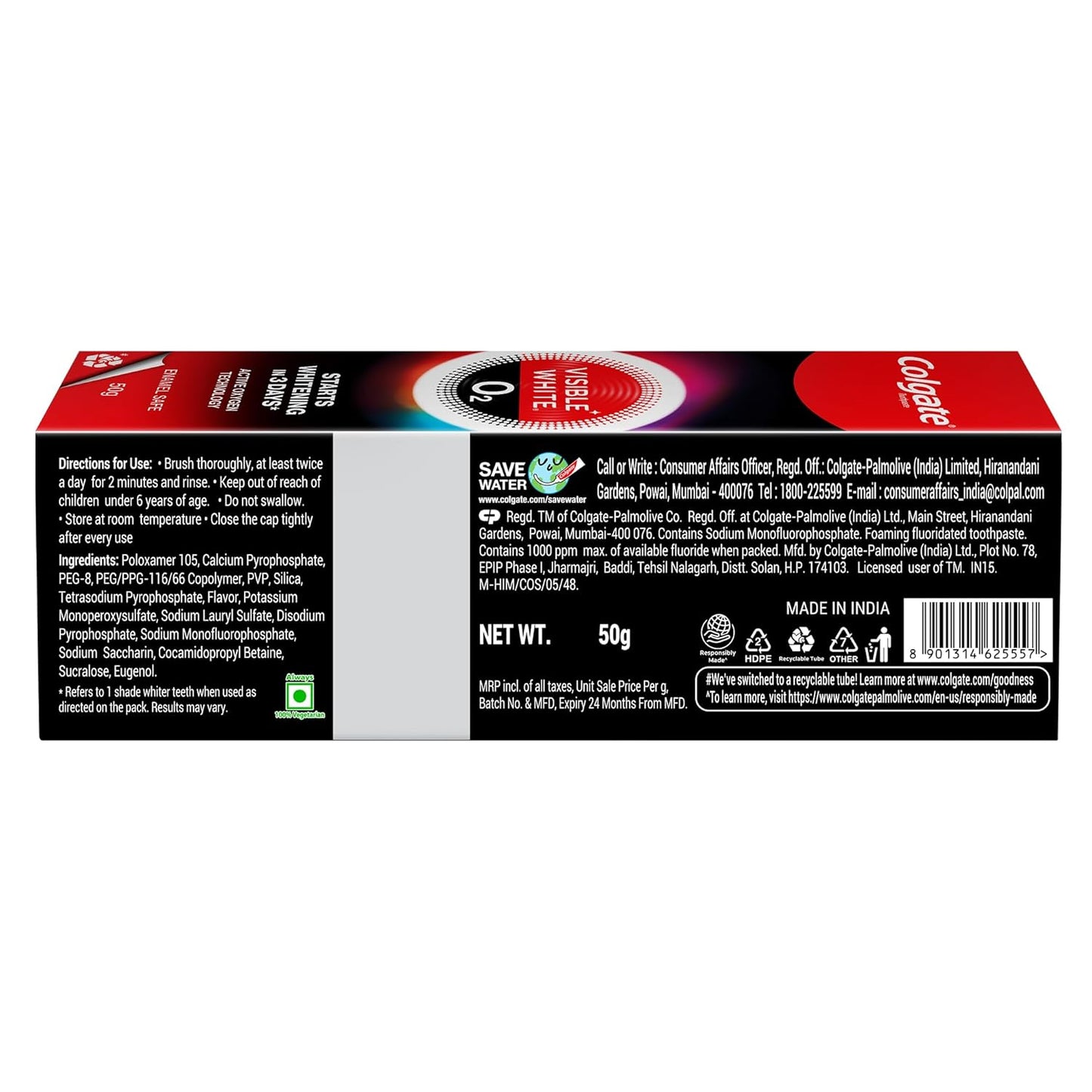 Colgate Visible White O2, Teeth Whitening Toothpaste (50g) for noticeably whiter teeth starting in 3 days with Active Technology, Enamel Safe Teeth Whitening & Fresh Breath