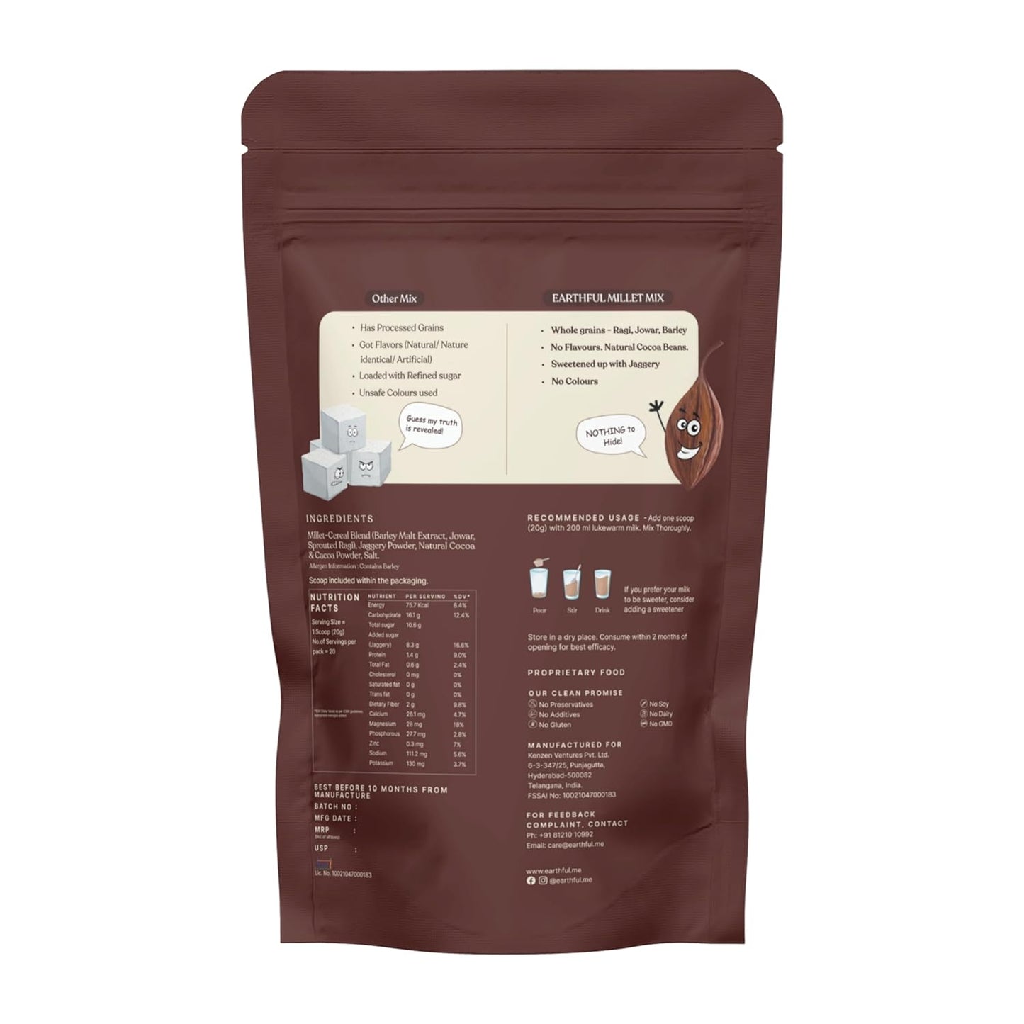 Zephivo Earthful Kids Millet Mix 400 Gms | 4+ Years | No Refined Sugar | With Jowar, Ragi & Barley | Cocoa, Sweetened with Jaggery