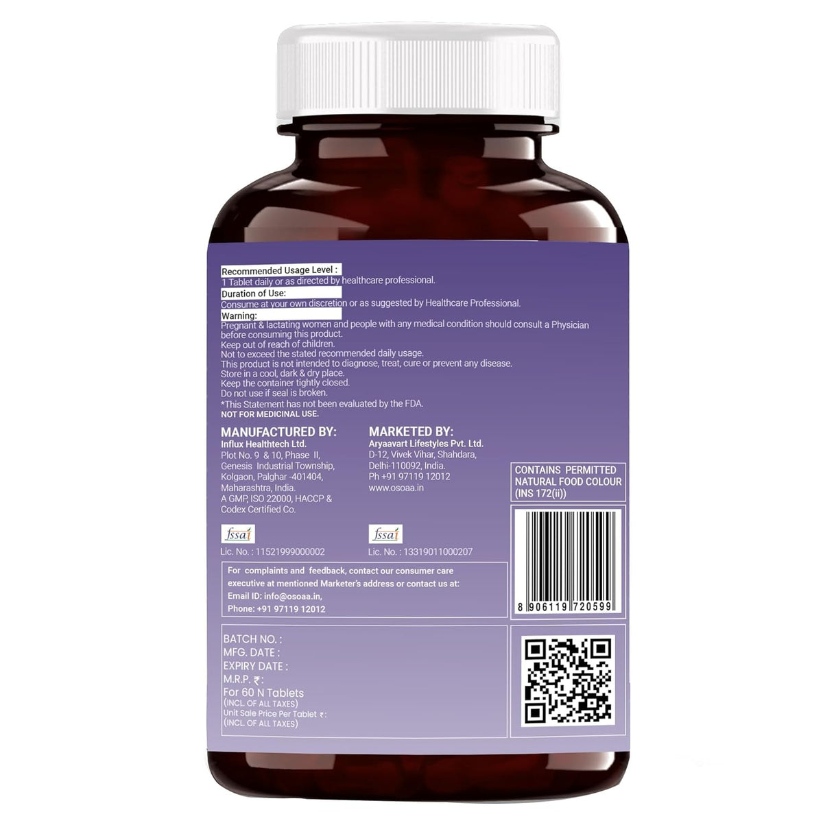 Back view of a supplement bottle with label and QR code on a white background