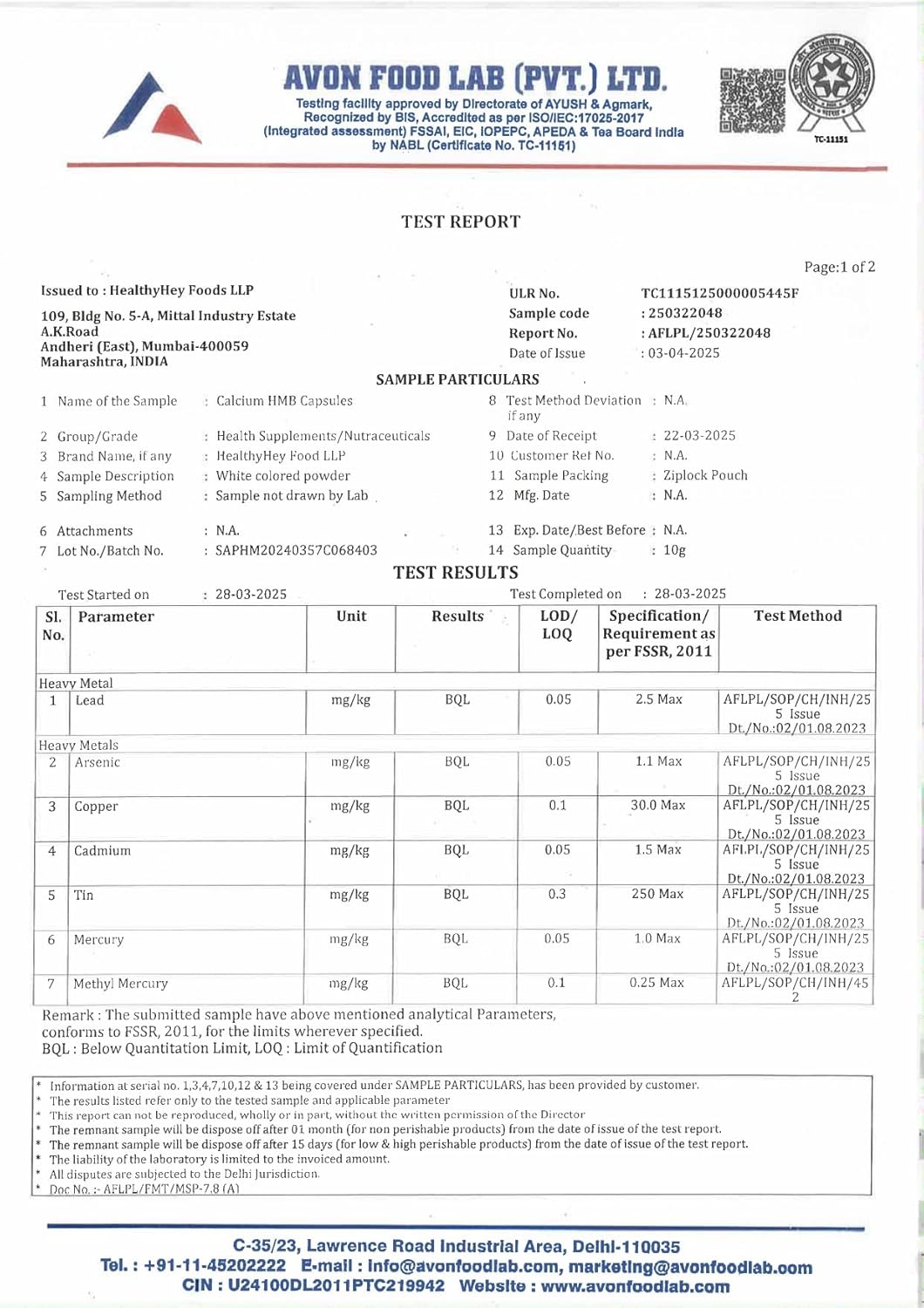 Avon Food Lab test report with various parameters and results.