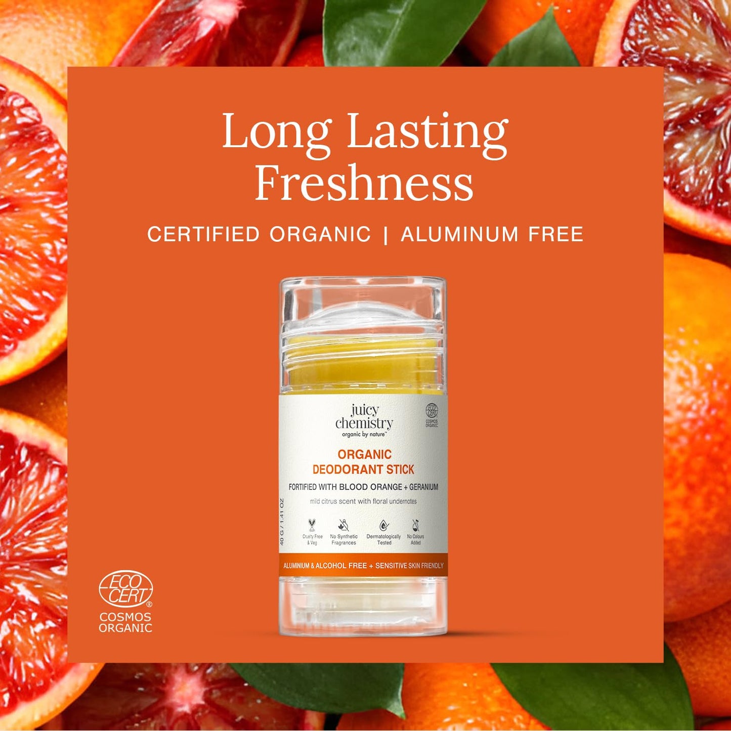 Juicy Chemistry Organic Deodorant Stick with Blood Orange & Geranium, 40g | Long-Lasting Odour Protection | Underarm Brightening | Neutralises Body Odour | Cruelty Free & Vegan | Dermatologically Tested