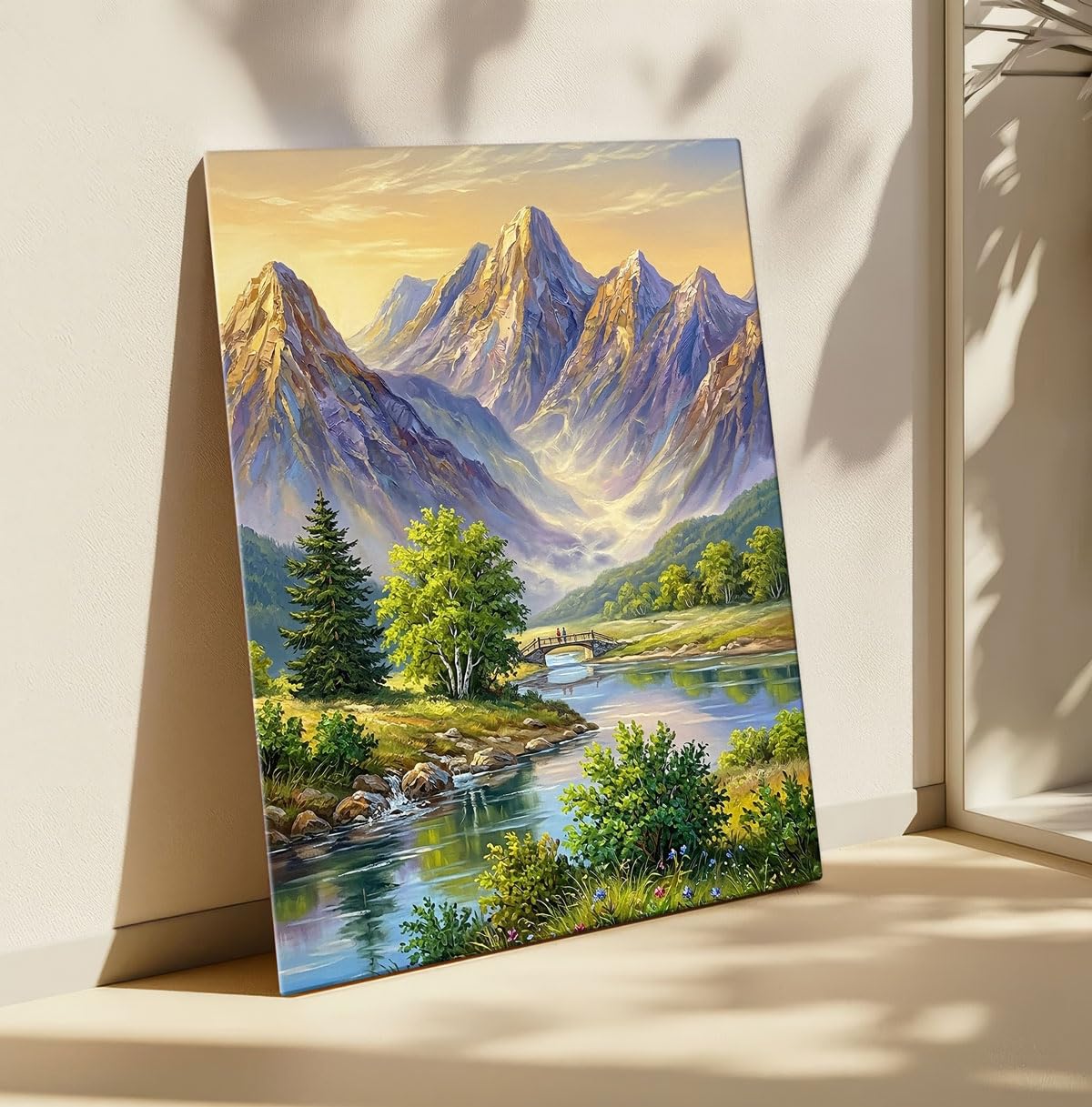 Mountain Canvas Painting for Wall Decoration, Mountain Painting Vastu, River Valley Nature Wall Art, Gallery Wrapped for Living Room, Bedroom, Office Décor, 45 x 58 cm
