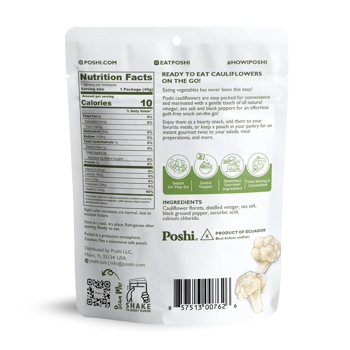 POSHI Marinated Cauliflower Florets Snack Pack | Salt + Pepper | Keto, Vegan, Paleo, Non GMO, Low Carb + Calorie, Gluten Free, Fully Cooked Vegetables, Gourmet, Healthy, All Natural (1.58 oz)
