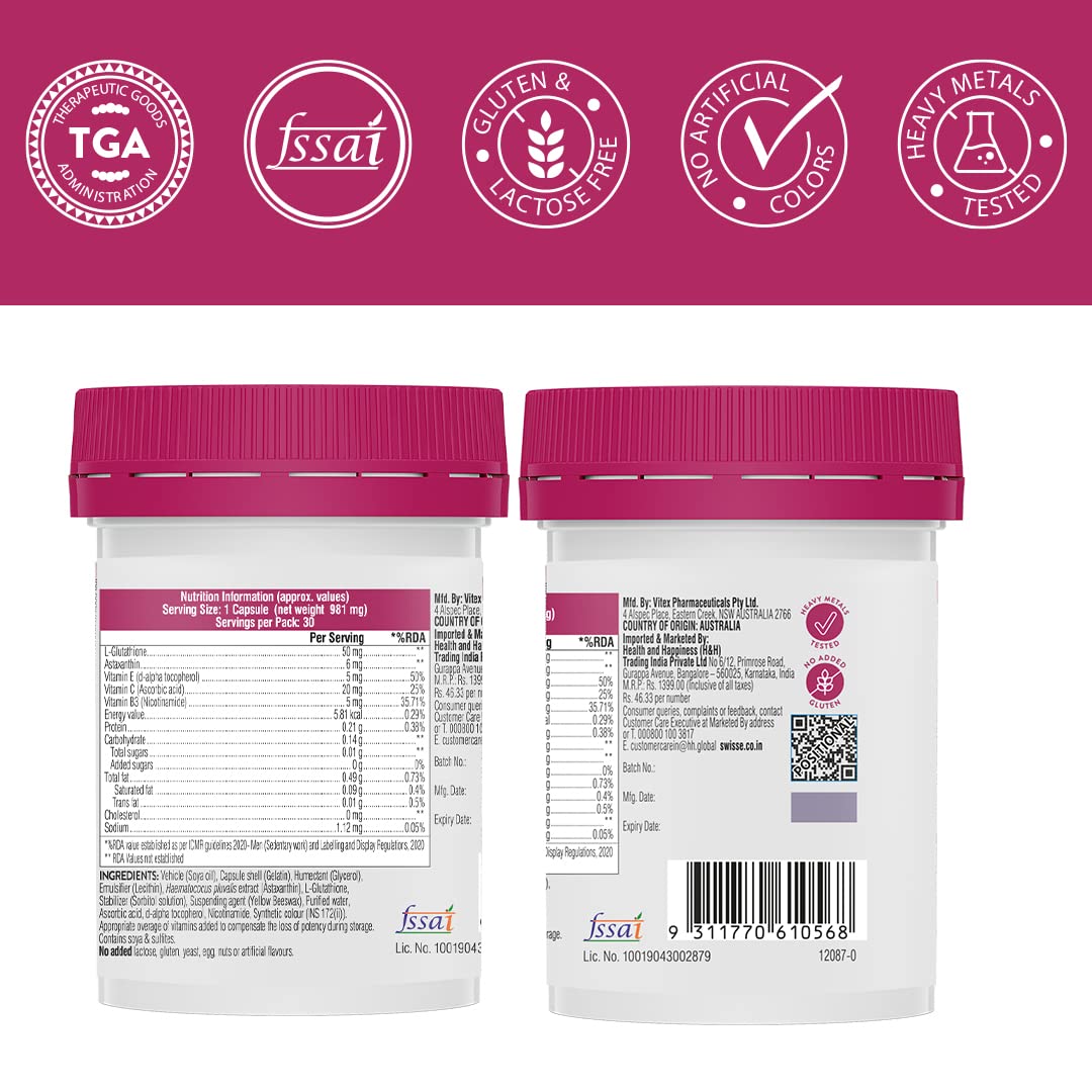 Zephivo Swisse Glutathione+ Manufactured In Australia, Glutathione Tablets with Astaxanthin, Vitamin C & E, Nicotinamide For Healthy, Radiant & Youthful Skin (30 Capsules, Only 1 Capsule Per Serving)