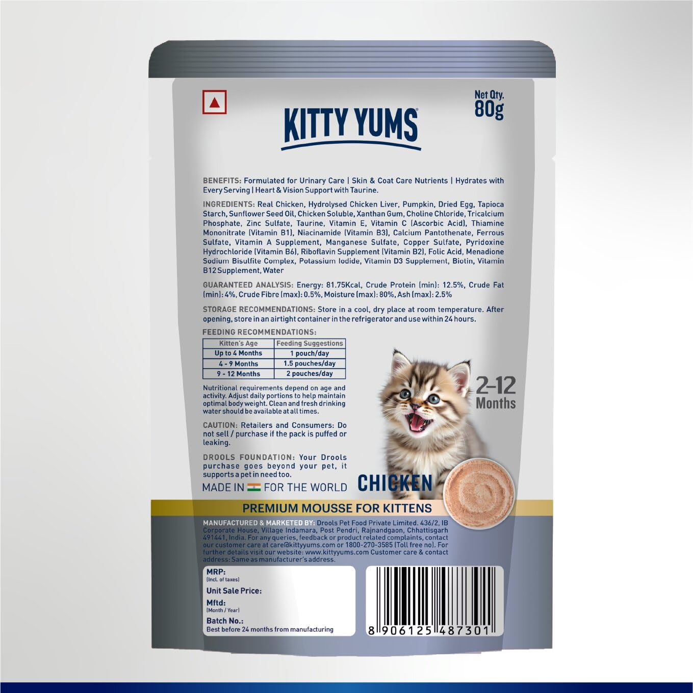 Kitty Yums Kitten Wet Mousse 80g | Chicken | Rich in Protein | Promotes Hydration & Easy to Digest | Grain Free | No Artificial Flavours | Packed with Essential Vitamins & Antioxidants