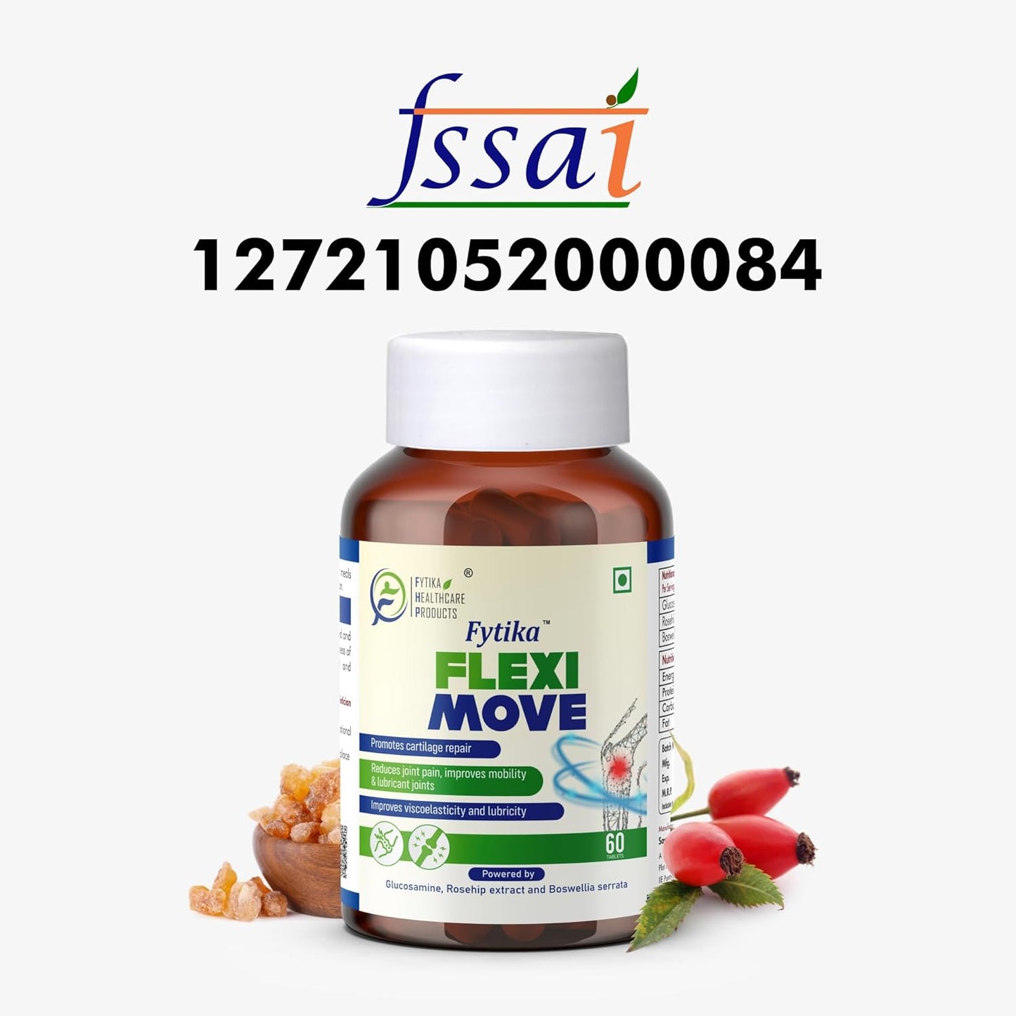 Fytika Flexi Move supplement bottle with FSSAI certification number on a white background