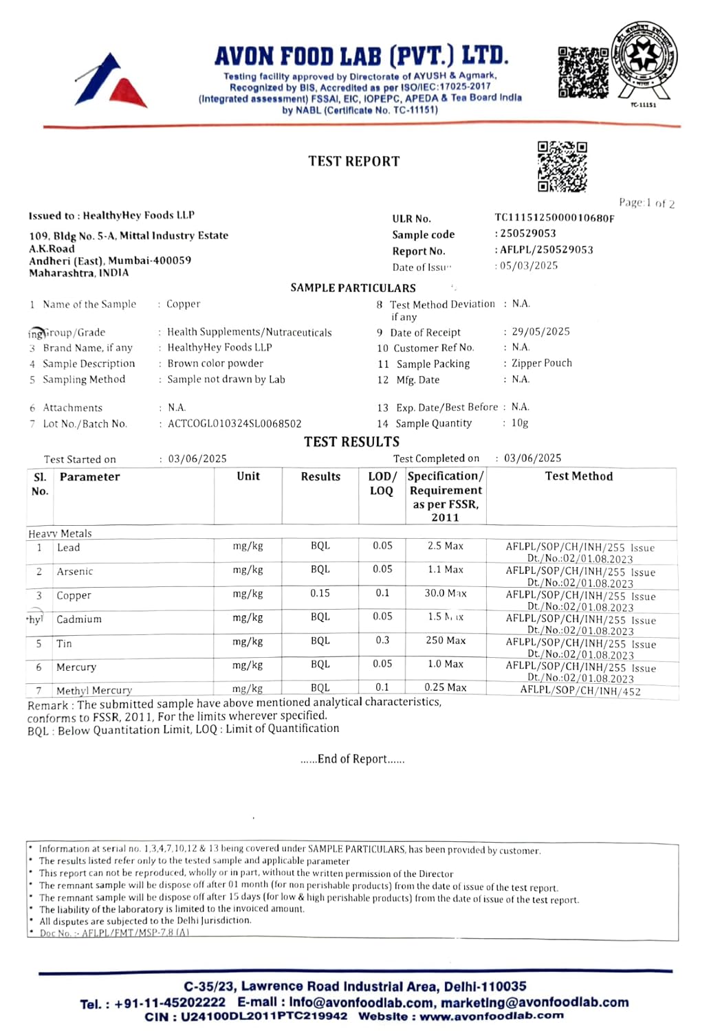 Avon Food Lab test report with various parameters and results.