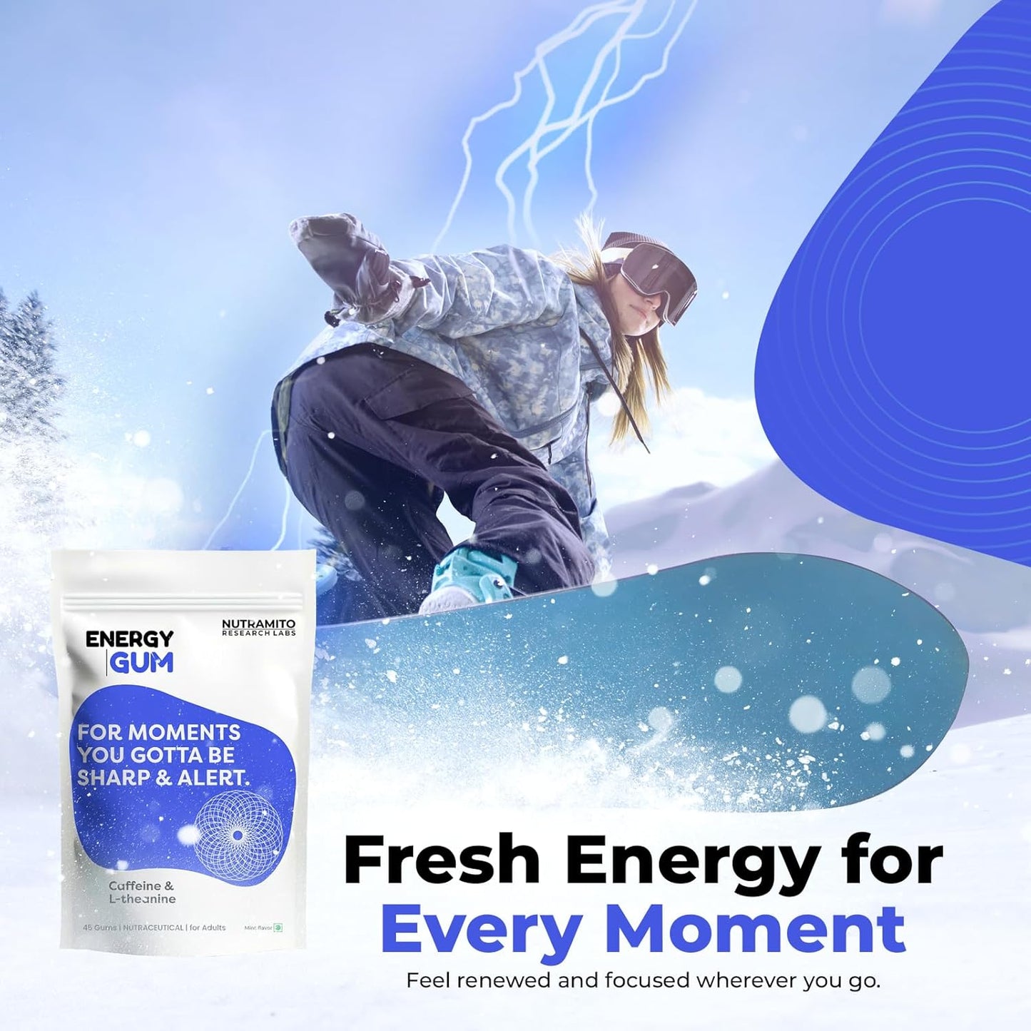 Energy Caffeine Gums by Nutramito (45 Gums) - L-theanine + Natural Caffeine - Energy & Focus Supplement for Women & Men - Mint Flavor | 45 Gums | Contains Caffeine 60mg & L-theanine 40 mg