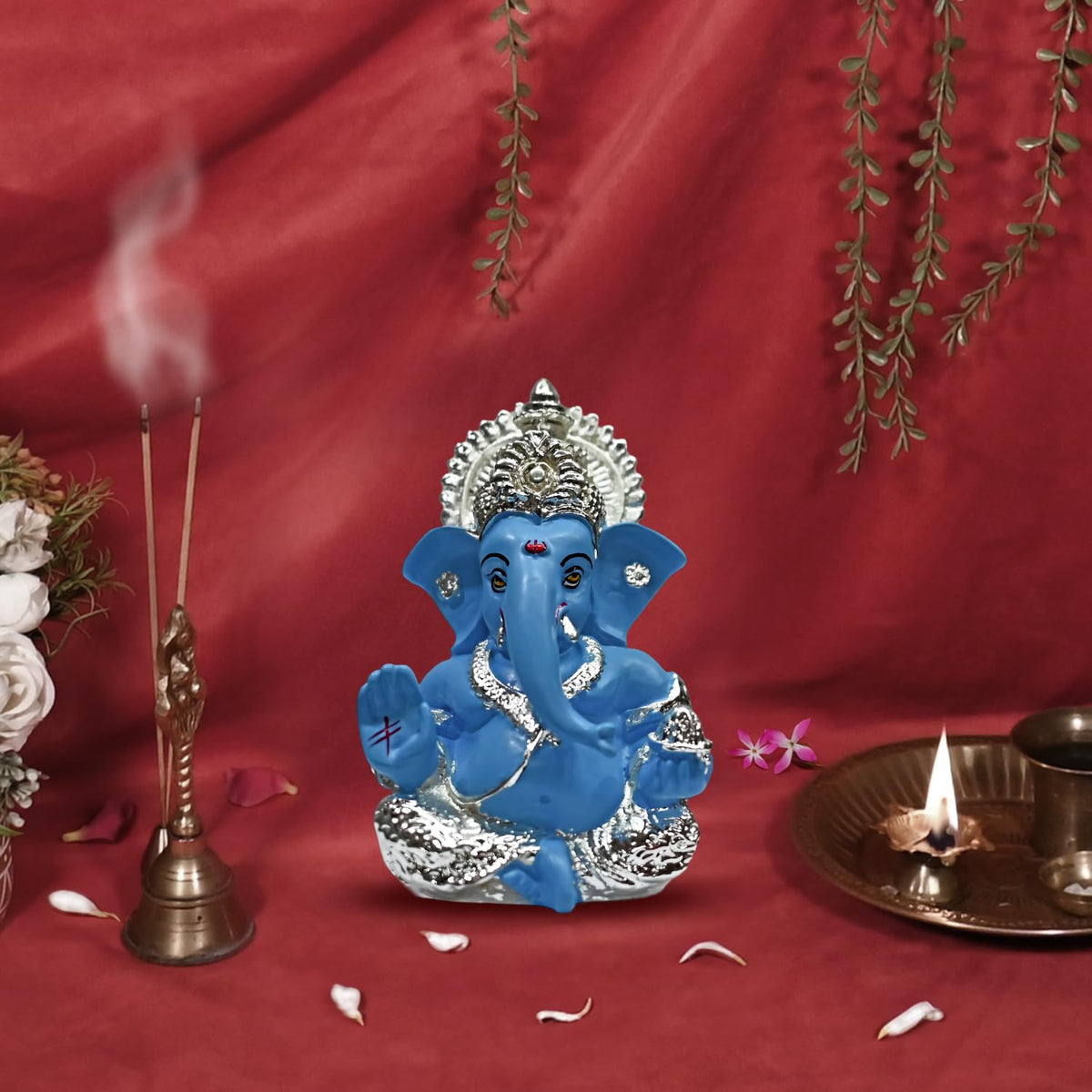 999 Silver Plated Ganesha Idol for Home Decor Puja |Ganesh Idol for Home Decor Ganpati for Gift 3.5 inches |Ganesh Statue Gift for Office Desk Puja Room Figurine (8.89 x 5.08 cm) (Sky Blue)
