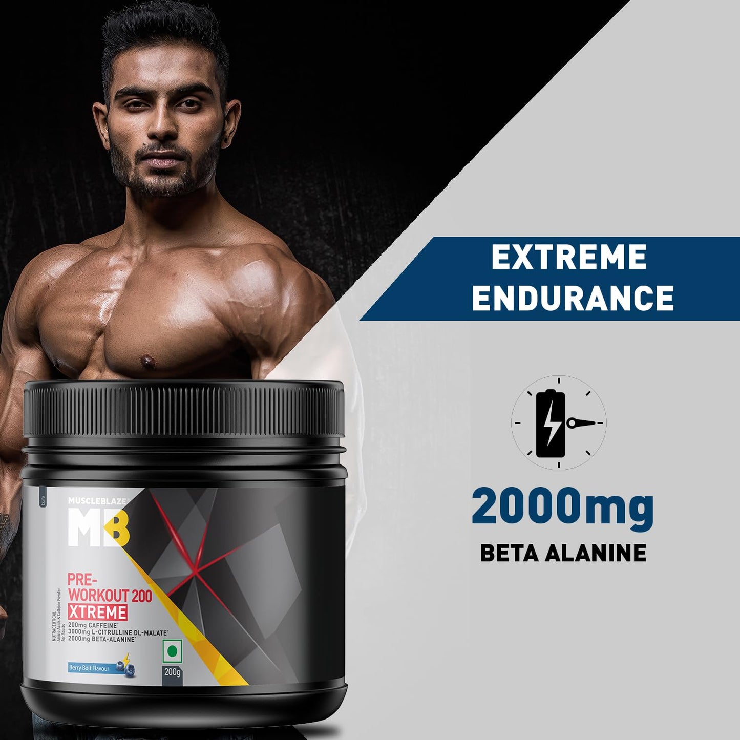 MuscleBlaze Pre Workout 200 Xtreme (Berry Bolt, 60 Servings, 200g) | 200mg Caffeine, 200mg Theanine, 2000mg Beta Alanine, 3000mg Citrulline