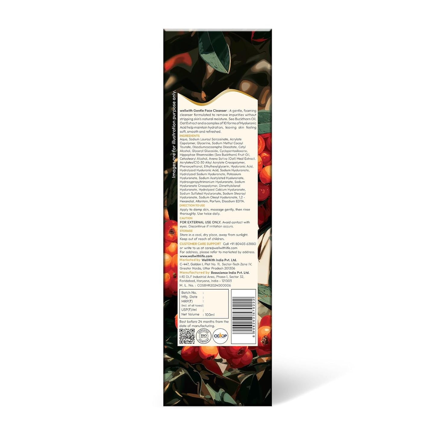 Wellwith Sea Buckthorn Gentle Face Cleanser | Deep Cleansing, Hydrating & Brightening Face Wash with Oat Extract & Hyaluronic Acid | Removes Dirt, Oil, Tan & Impurities |Acne-Resistant | For All Skin Types (100 ml)