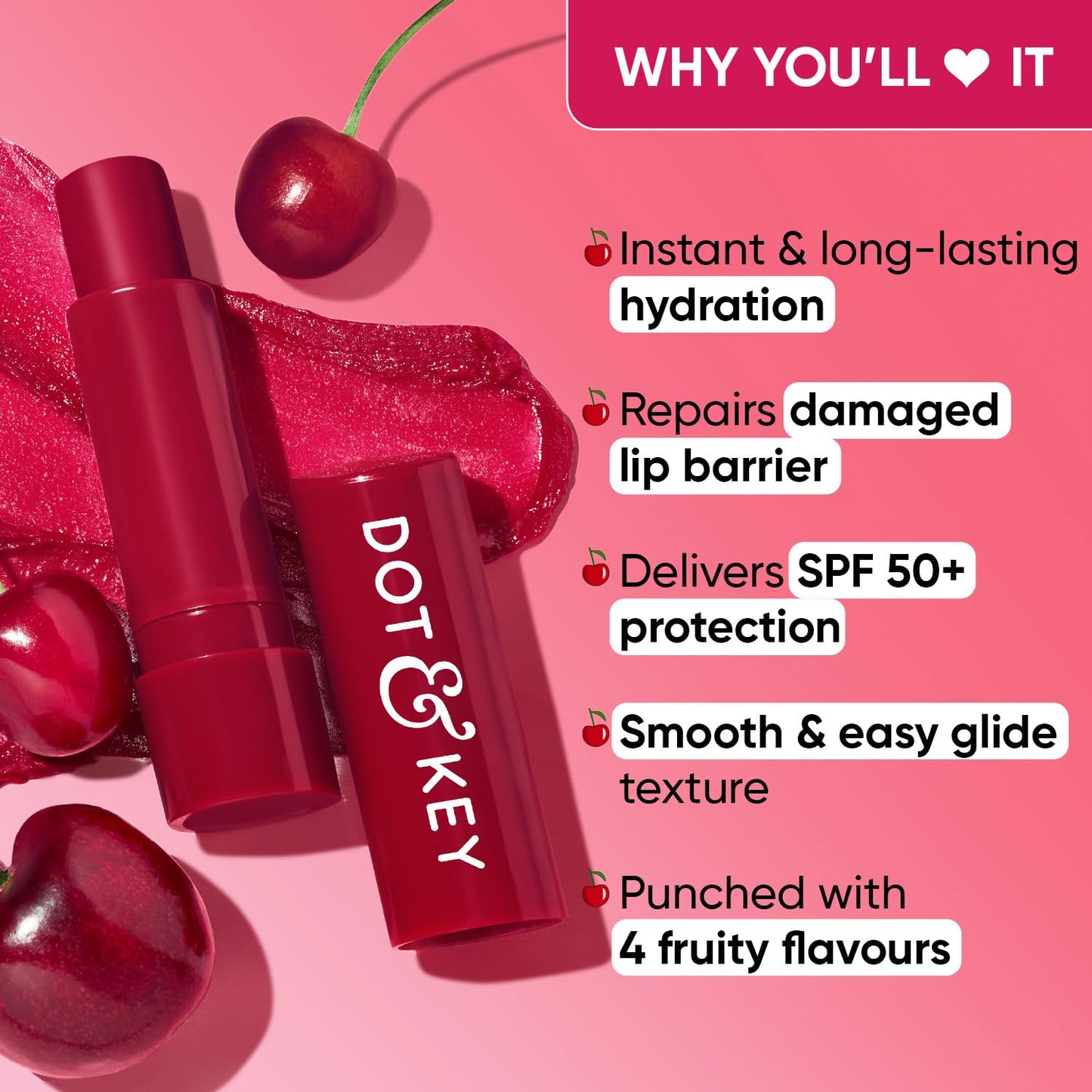 Zephivo Dot & Key Barrier Repair Hydrating Lip Balm SPF 50 | Cherry Crimson | Repairs Damaged Lip Barrier | High Tinted | 4.5 gm