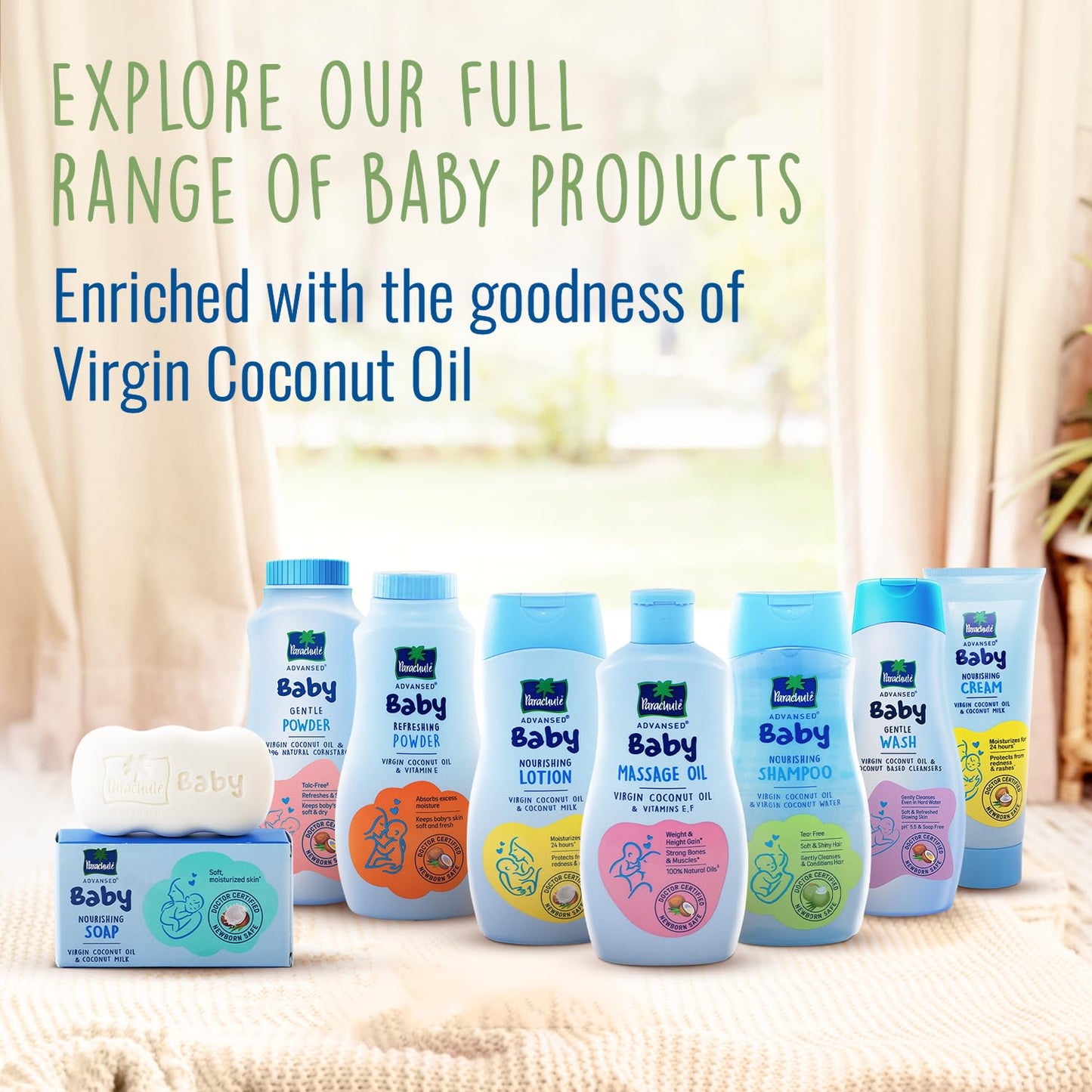Baby care products including bottles and a bar of soap on a neutral background with text about virgin coconut oil.