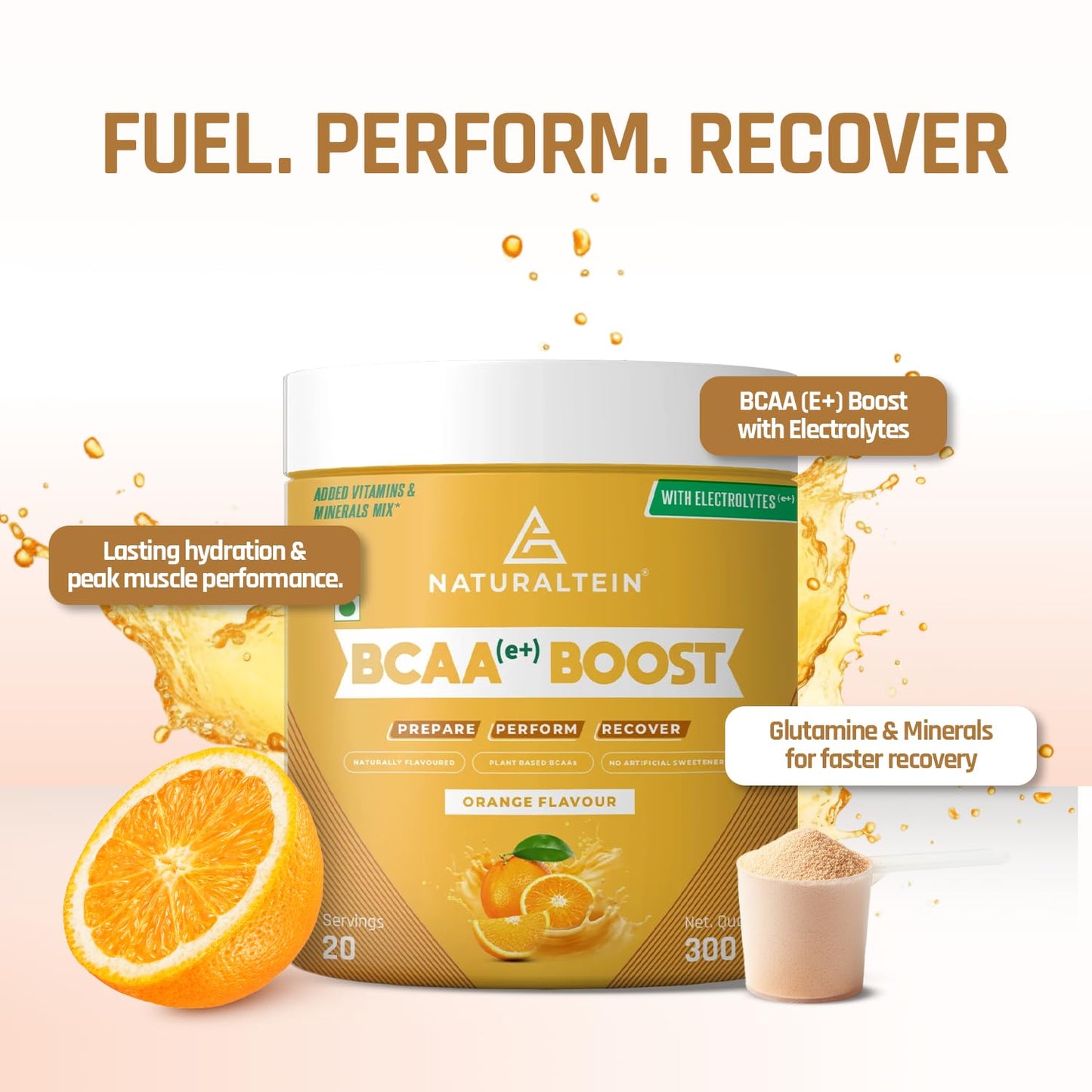 Naturaltein BCAA (E+) Boost supplement packaging with an orange and text on a light background